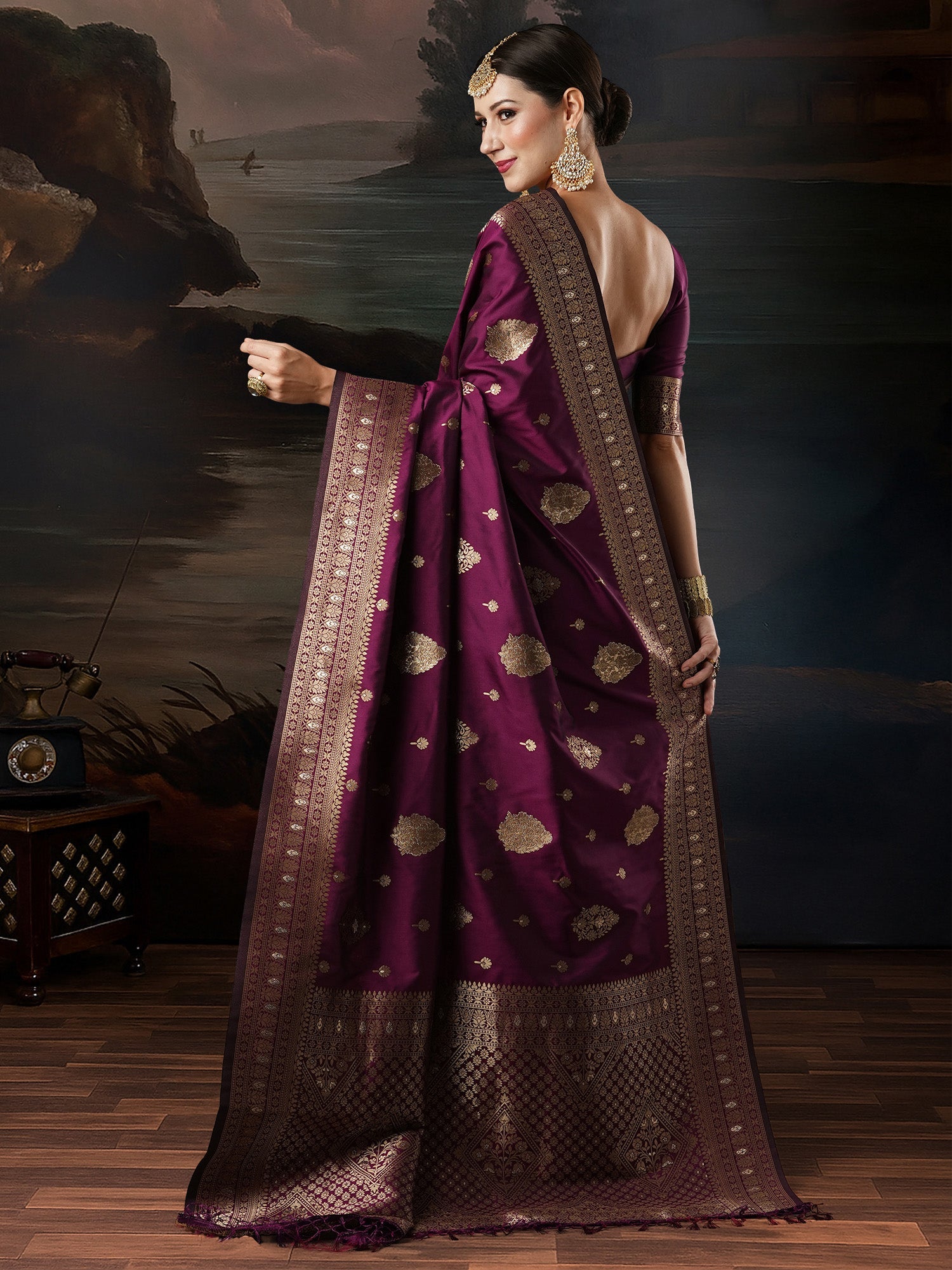 Wine Banarasi Silk with Gold Zari Weaving Saree - Ressa