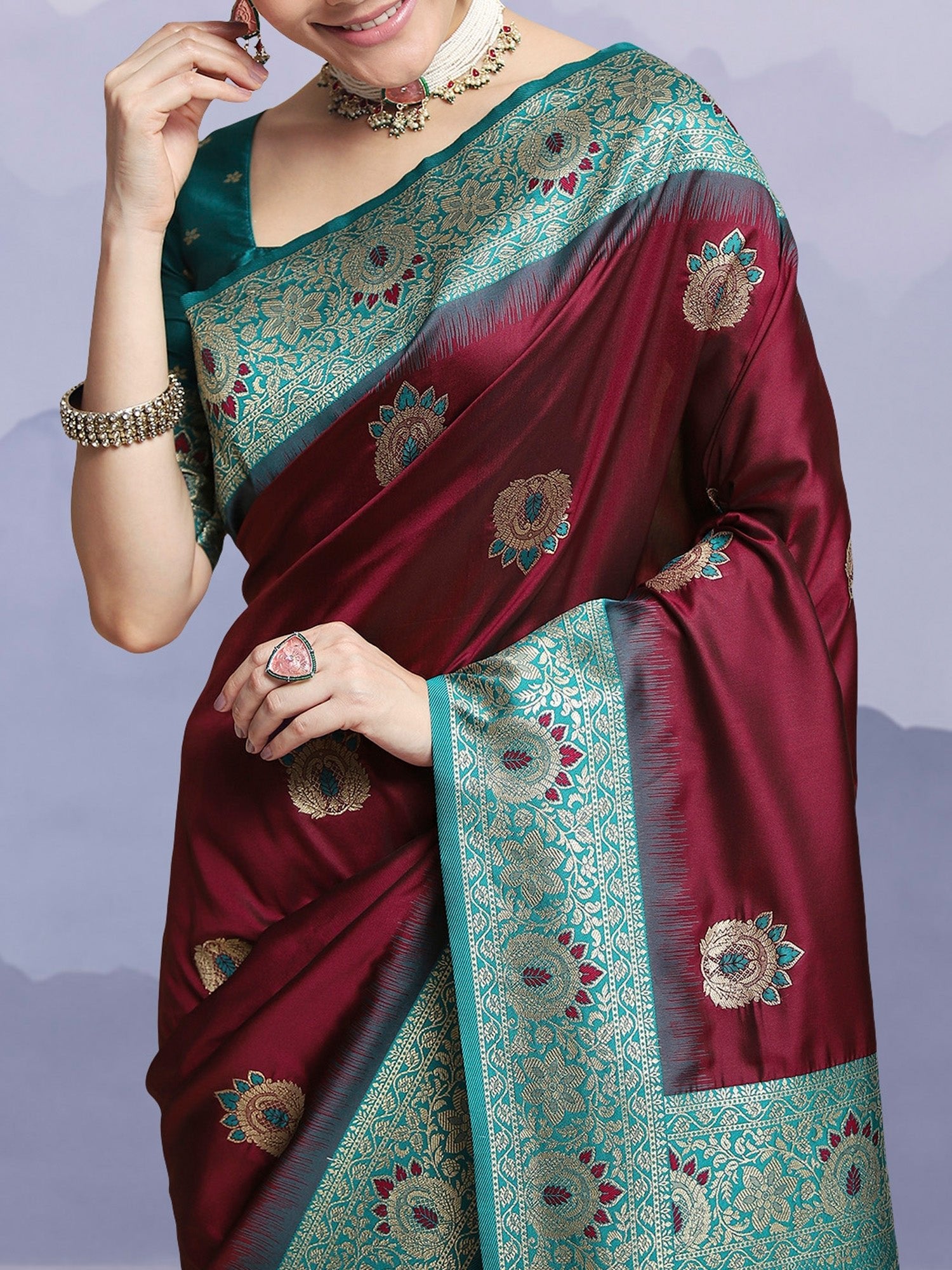 Wine Banarasi Silk with Teal Zari Border Saree - Ressa