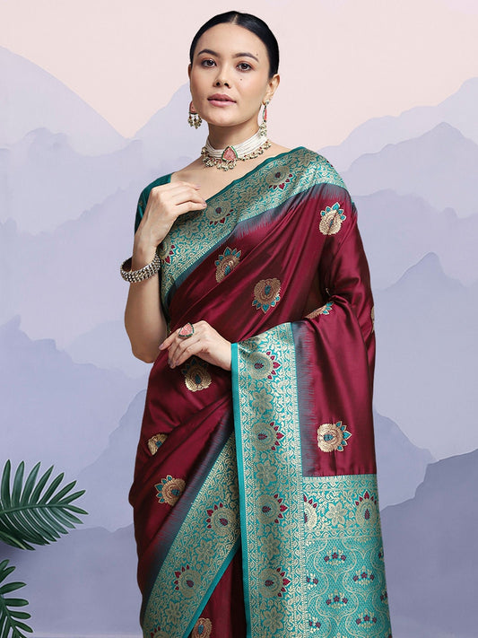 Wine Banarasi Silk with Teal Zari Border Saree - Ressa