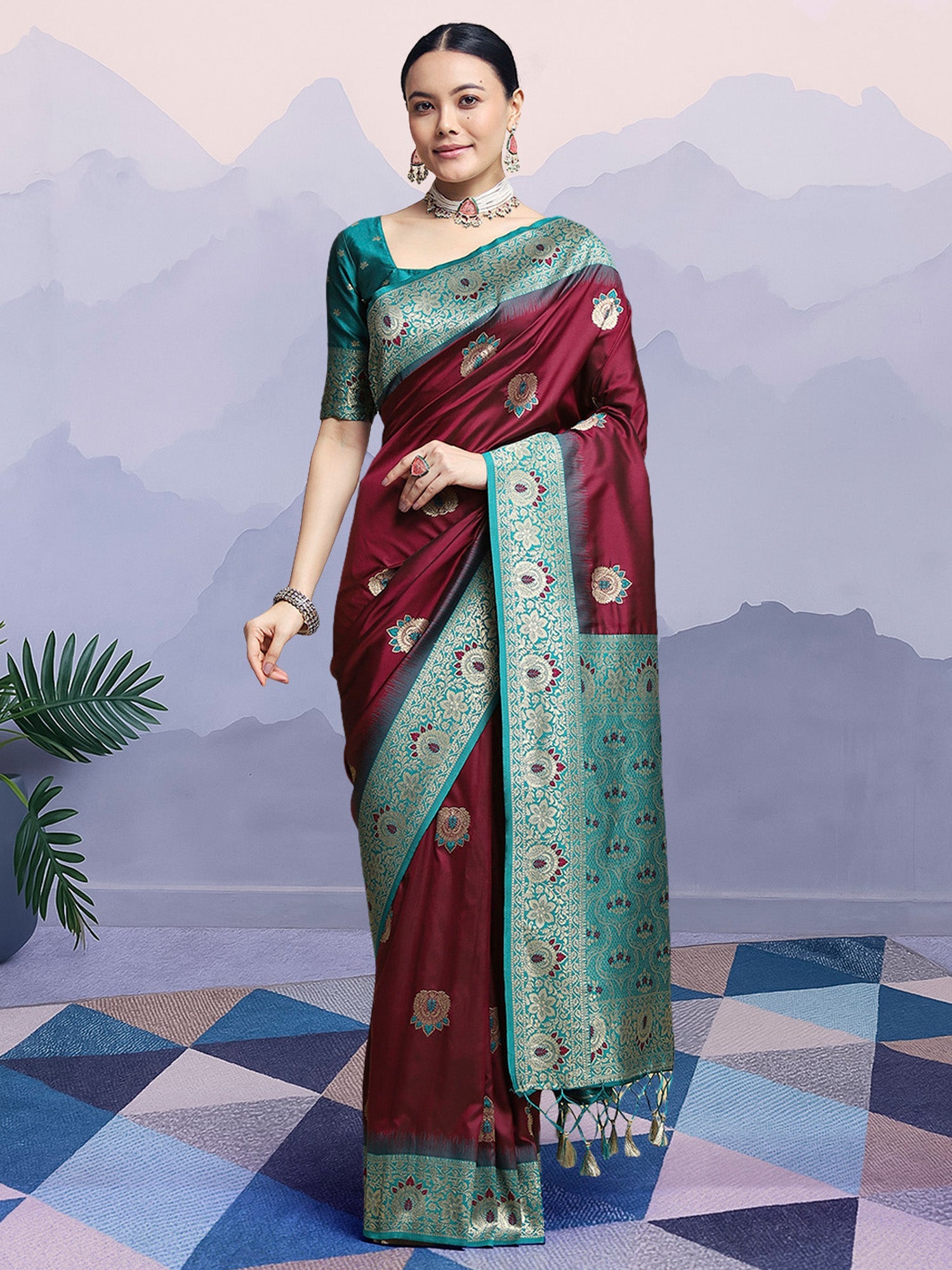 Wine Banarasi Silk with Teal Zari Border Saree - Ressa