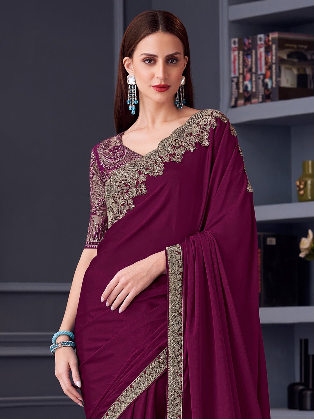Wine Chiffon Embroidered Border Saree - Ressa