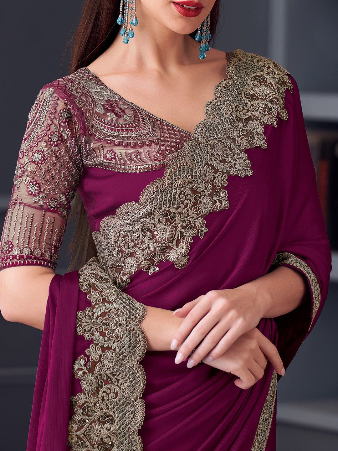 Wine Chiffon Embroidered Border Saree - Ressa