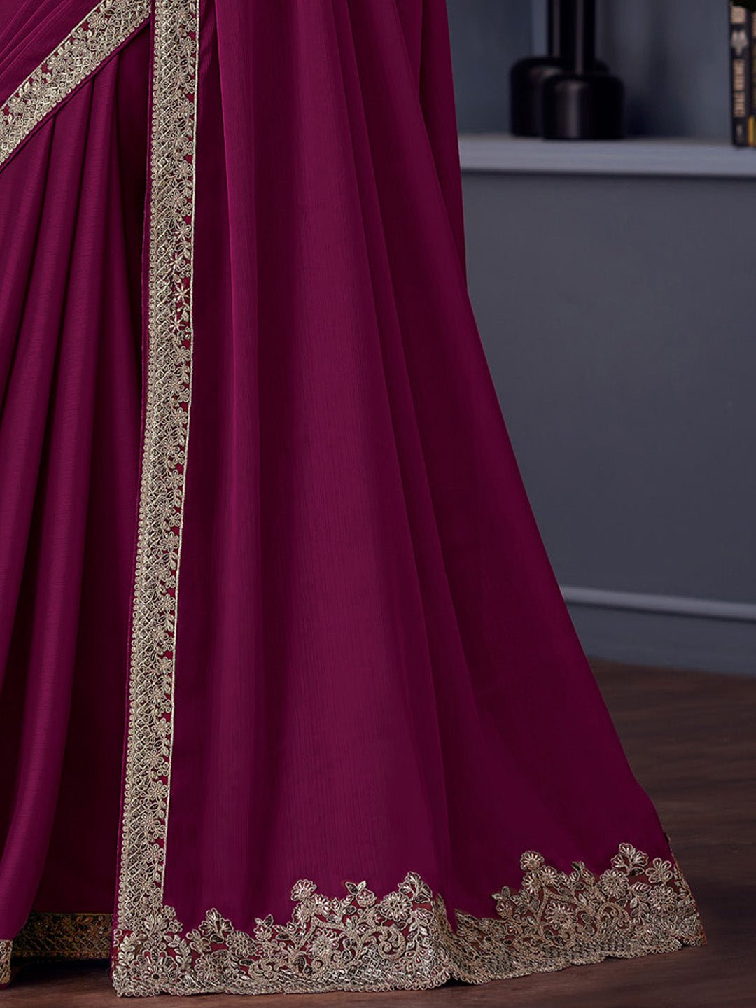 Wine Chiffon Embroidered Border Saree - Ressa