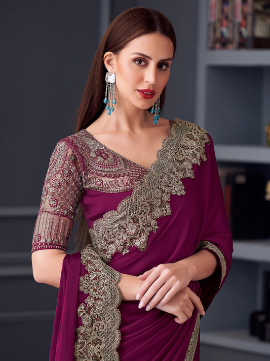 Wine Chiffon Embroidered Border Saree - Ressa