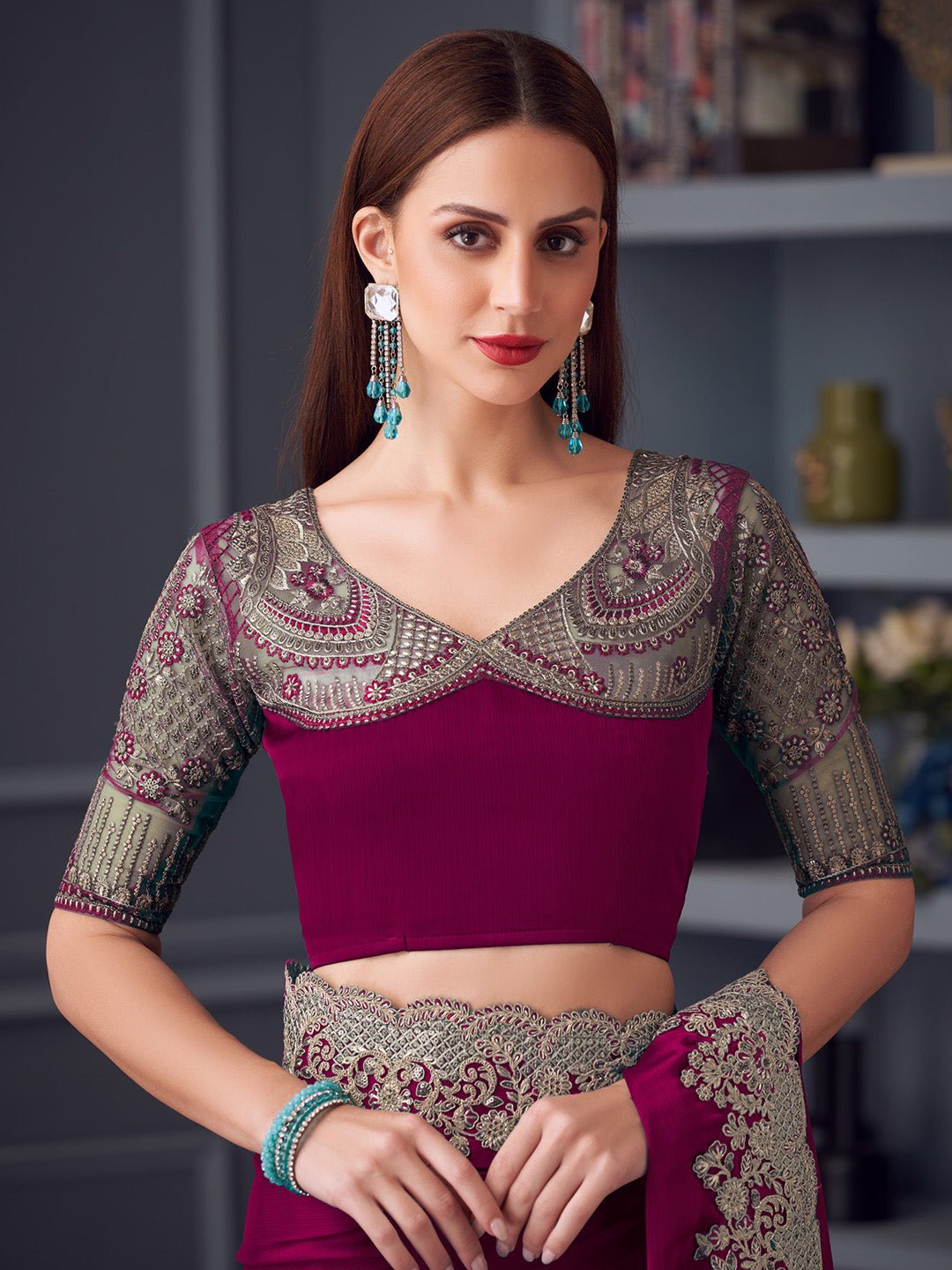 Wine Chiffon Embroidered Border Saree - Ressa