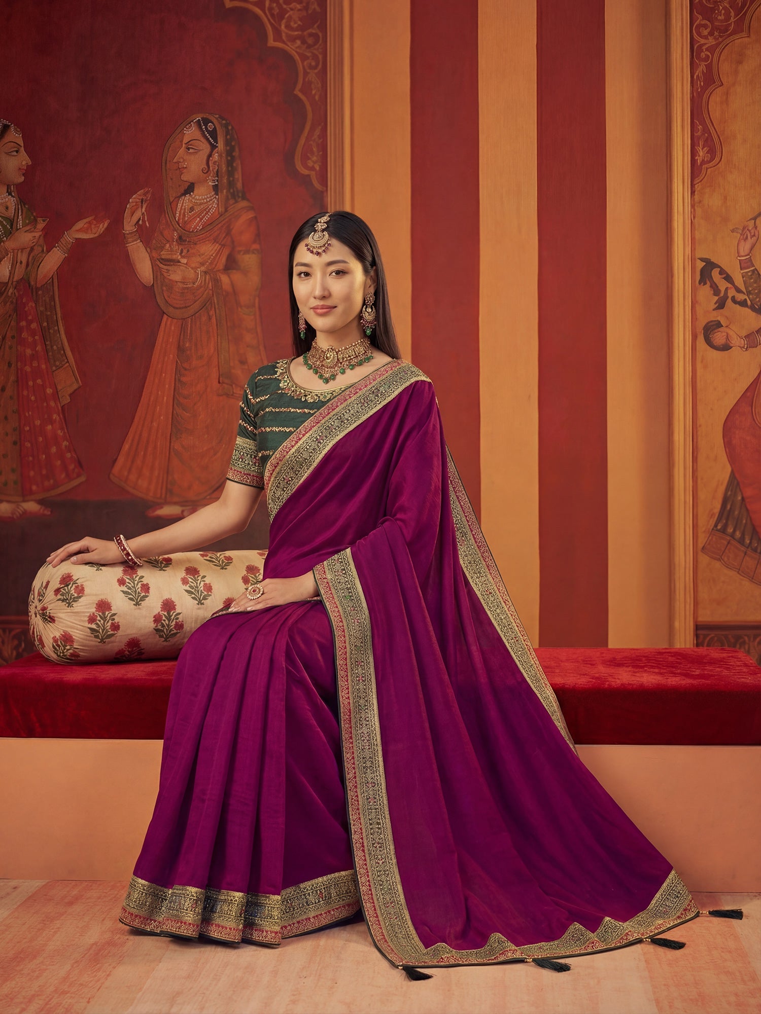 Wine Chiffon Saree with Zari Border - Ressa