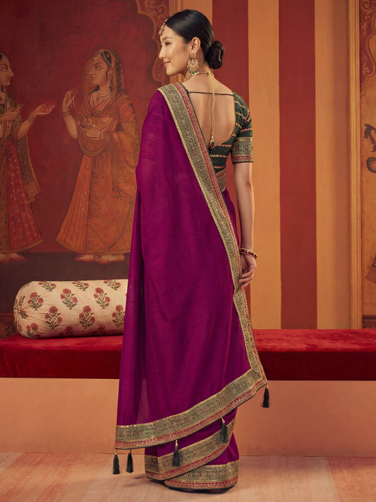 Wine Chiffon Saree with Zari Border - Ressa