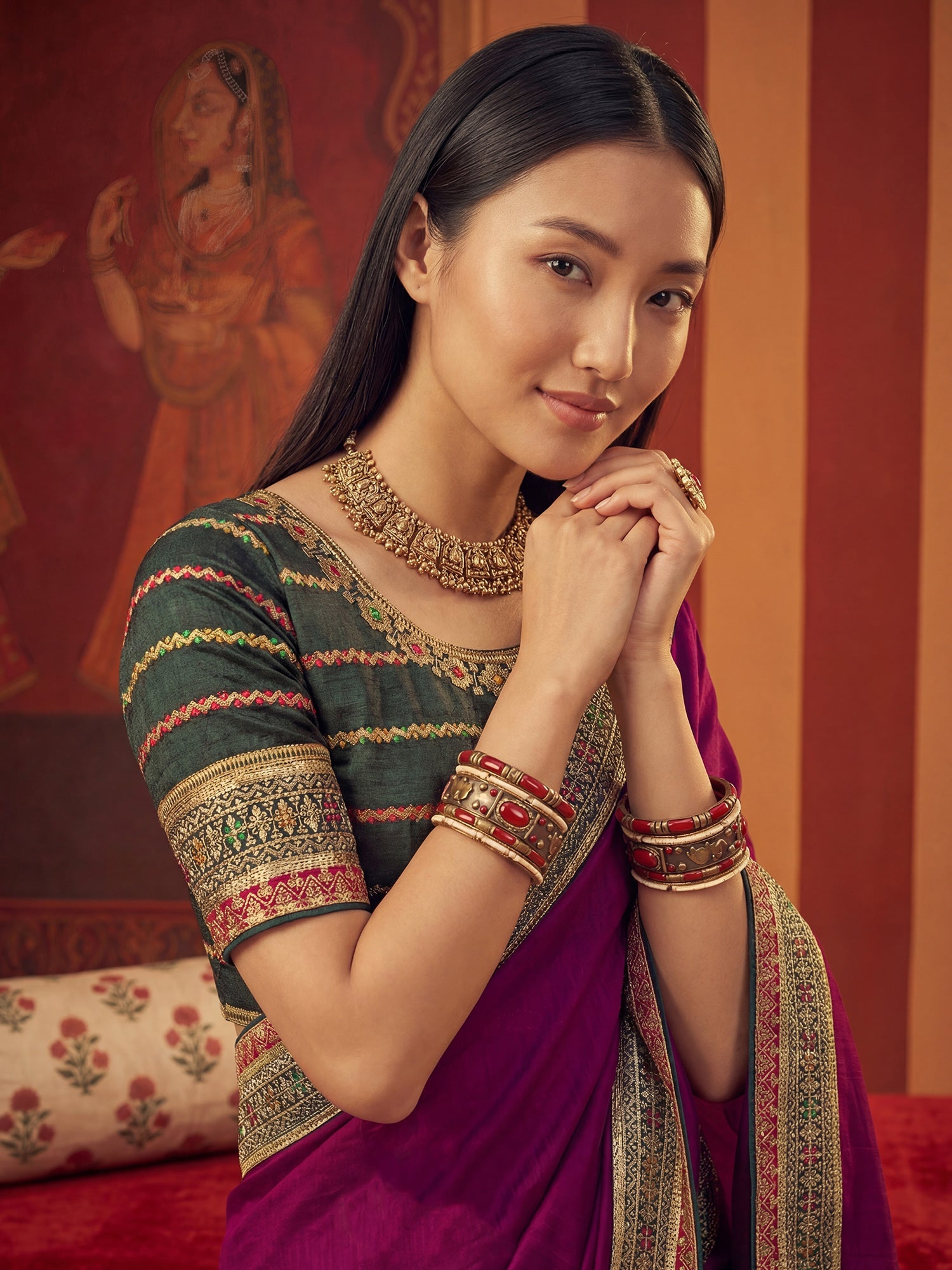 Wine Chiffon Saree with Zari Border - Ressa