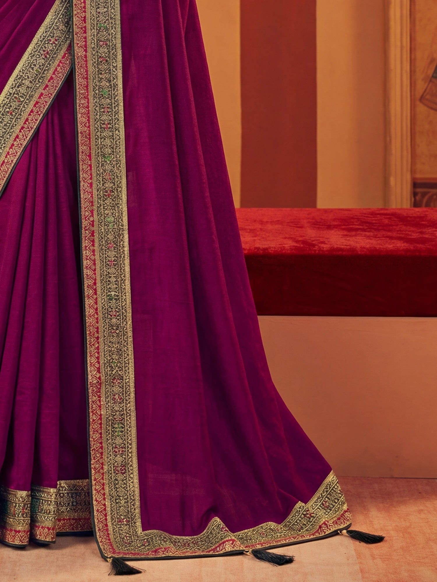 Wine Chiffon Saree with Zari Border - Ressa