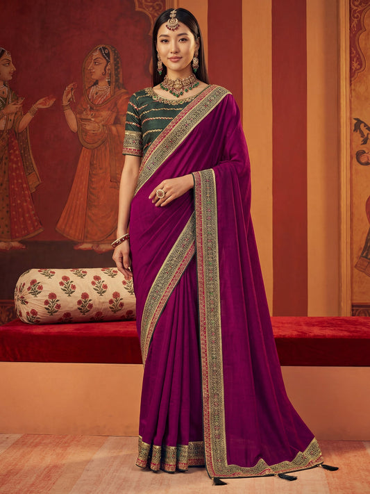 Wine Chiffon Saree with Zari Border - Ressa