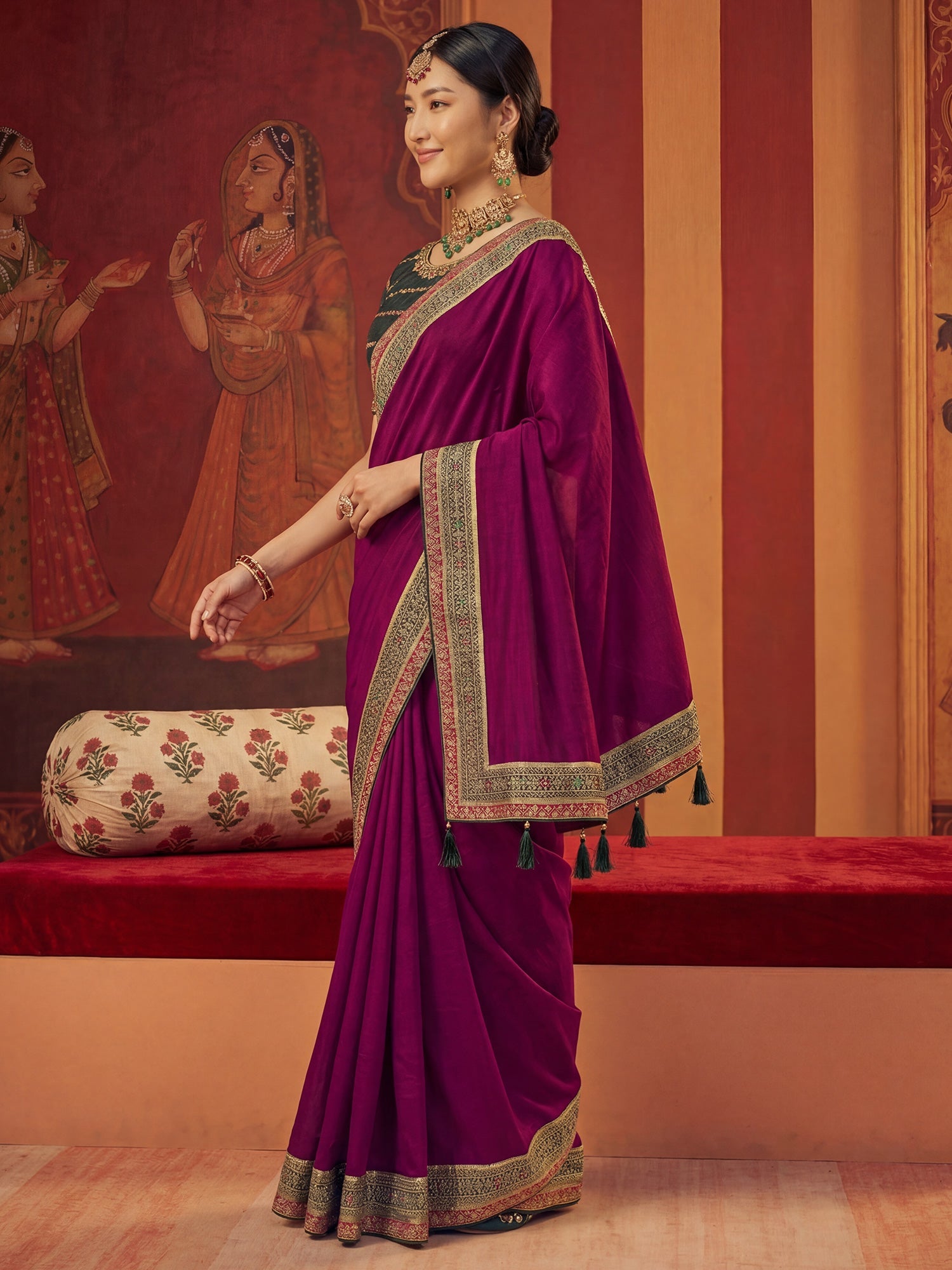 Wine Chiffon Saree with Zari Border - Ressa