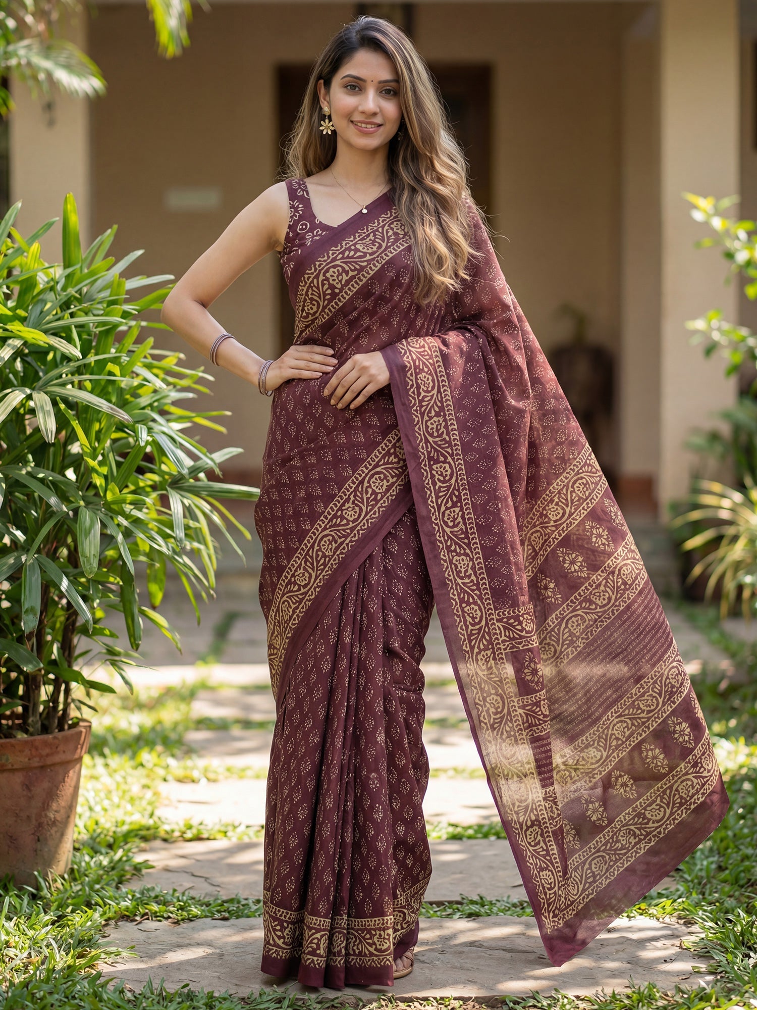Wine Cotton Blend Printed Saree - Ressa