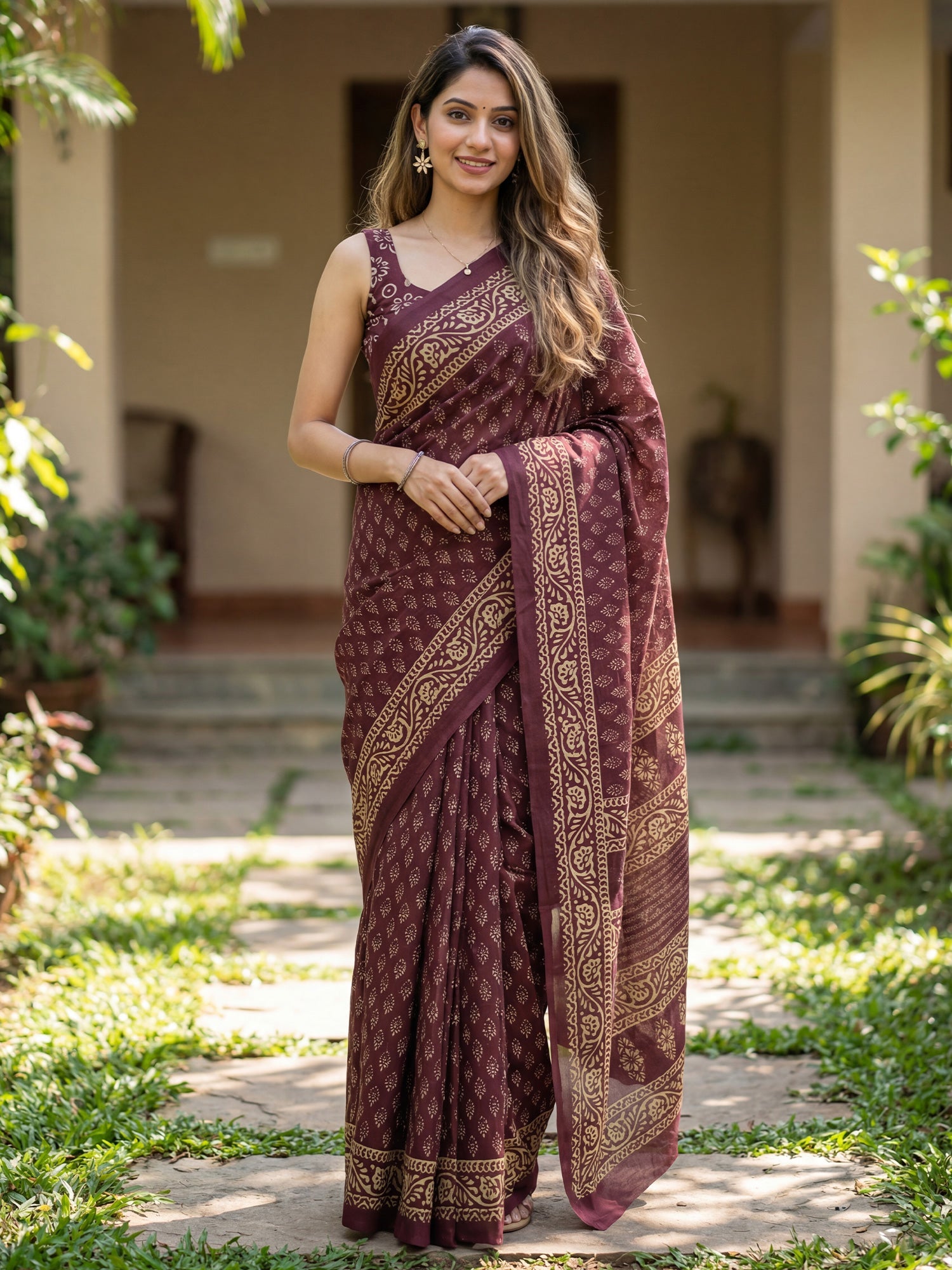 Wine Cotton Blend Printed Saree - Ressa