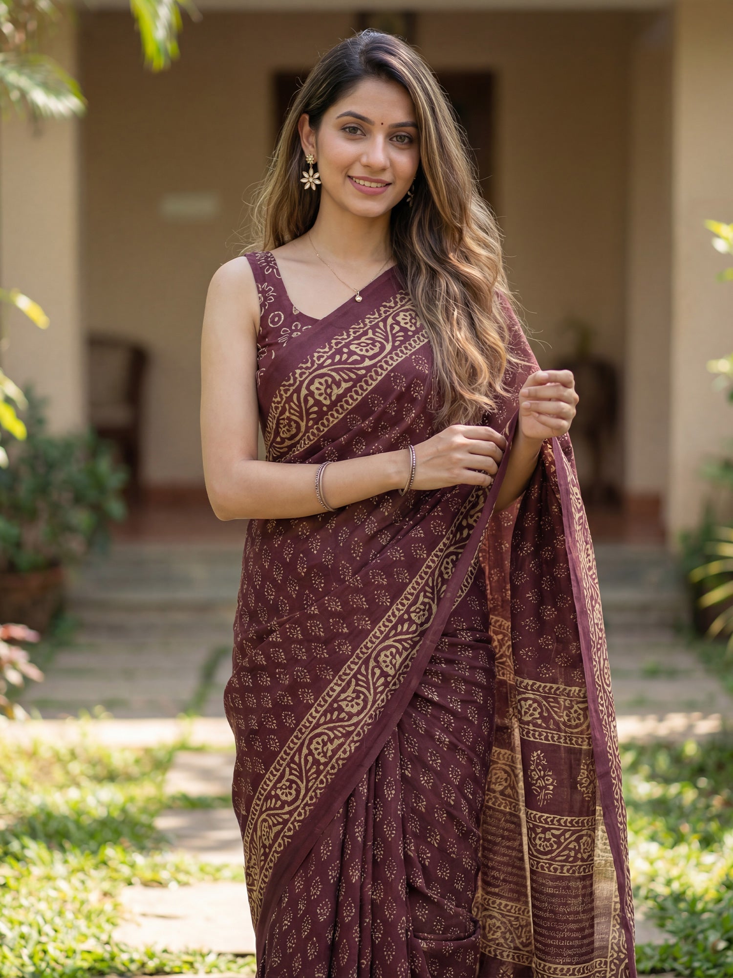 Wine Cotton Blend Printed Saree - Ressa