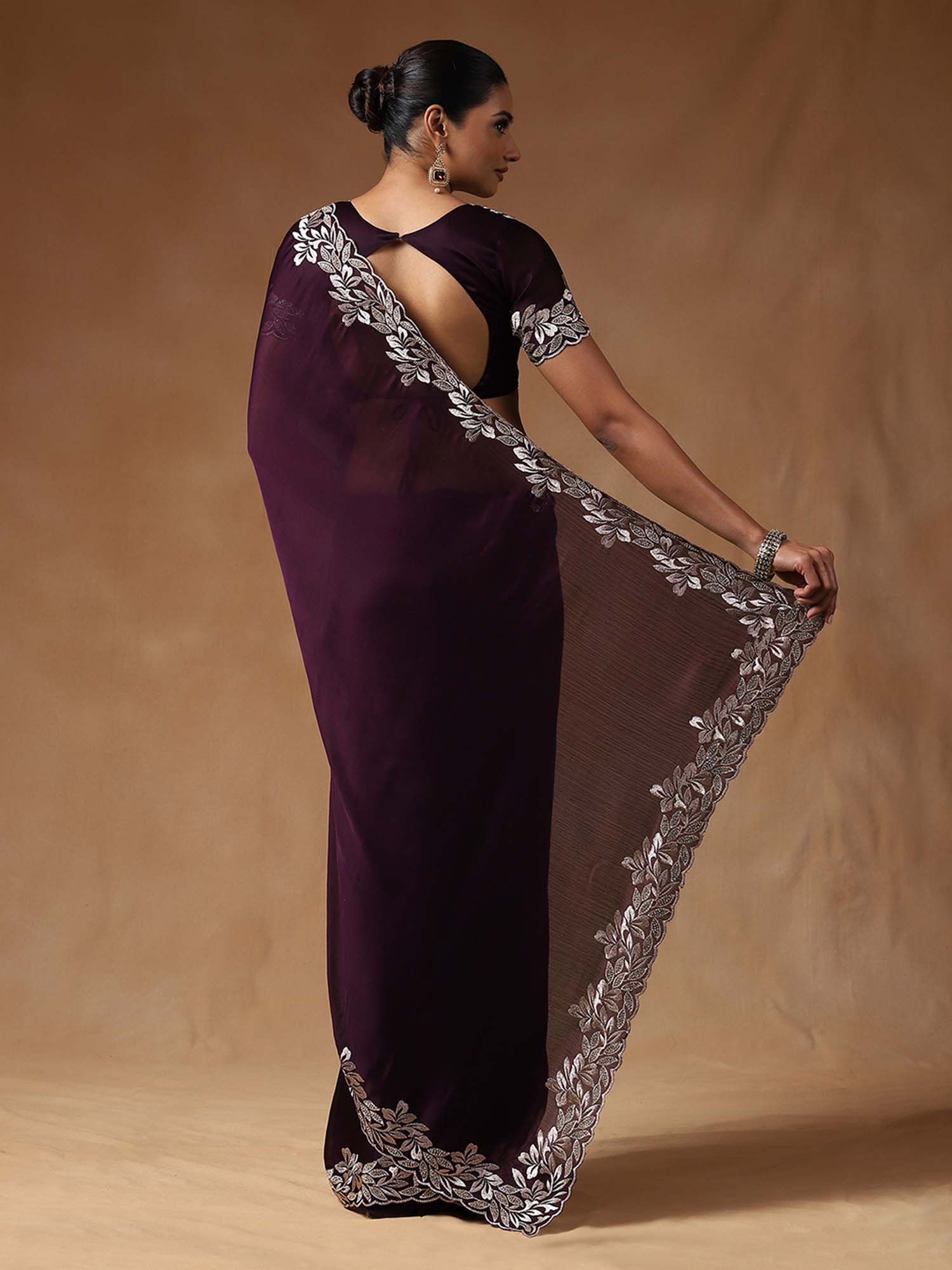 Wine Embellished Beads Border Satin Chiffon Saree - Ressa