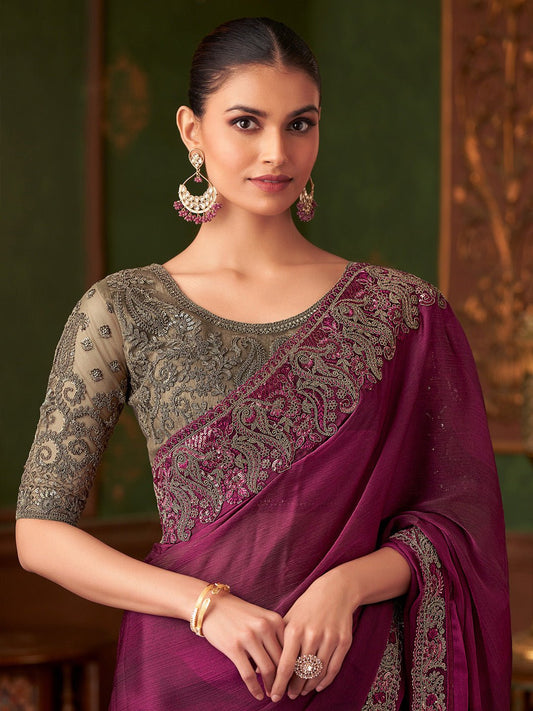 Wine Embellished Party wear Saree - Ressa