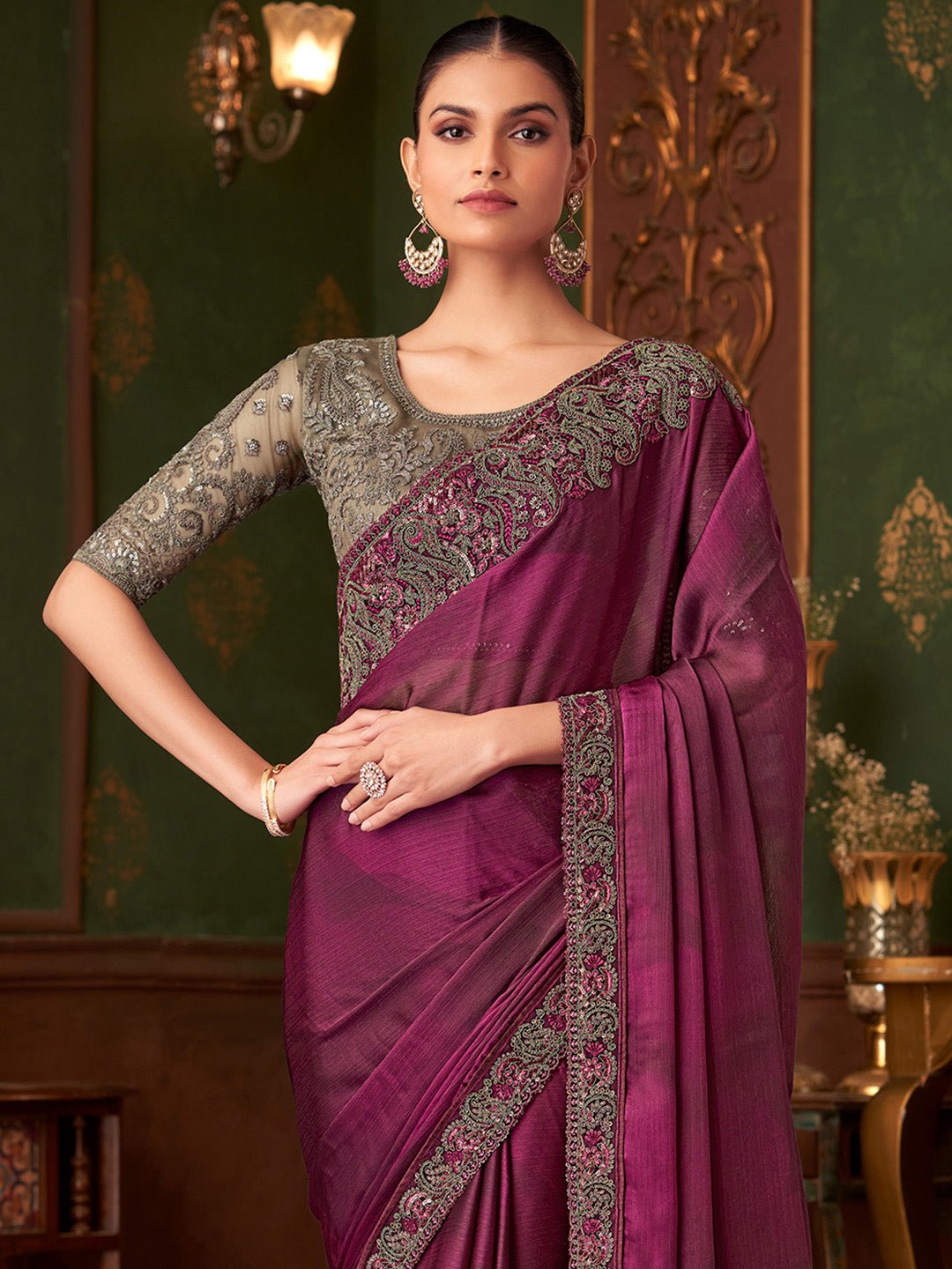 Wine Embellished Party wear Saree - Ressa