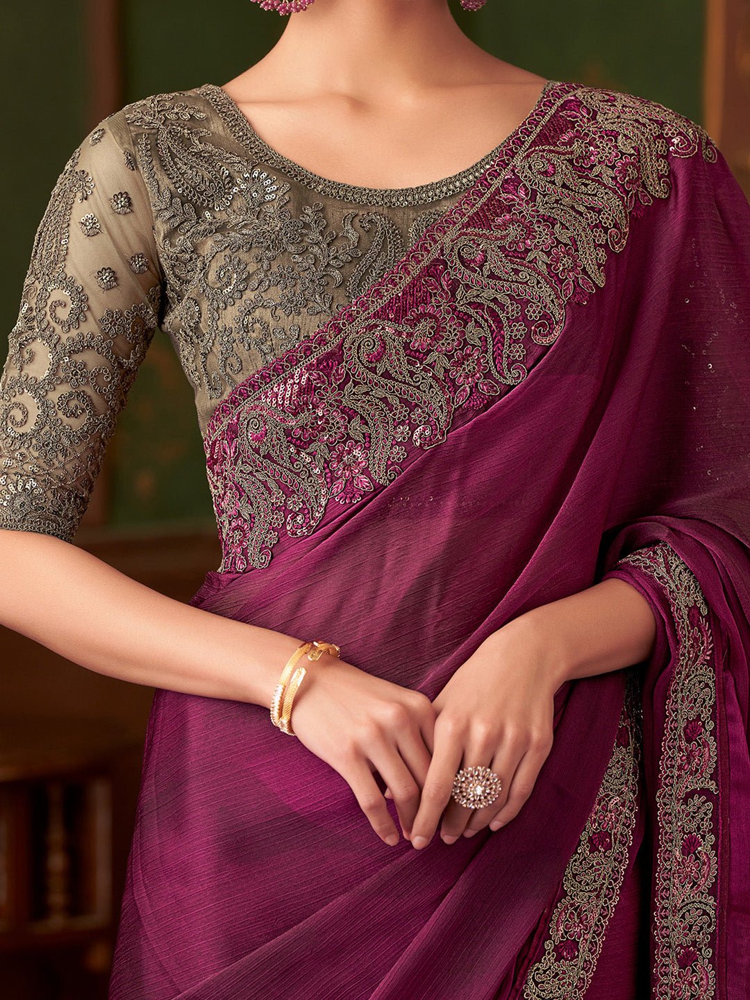 Wine Embellished Party wear Saree - Ressa