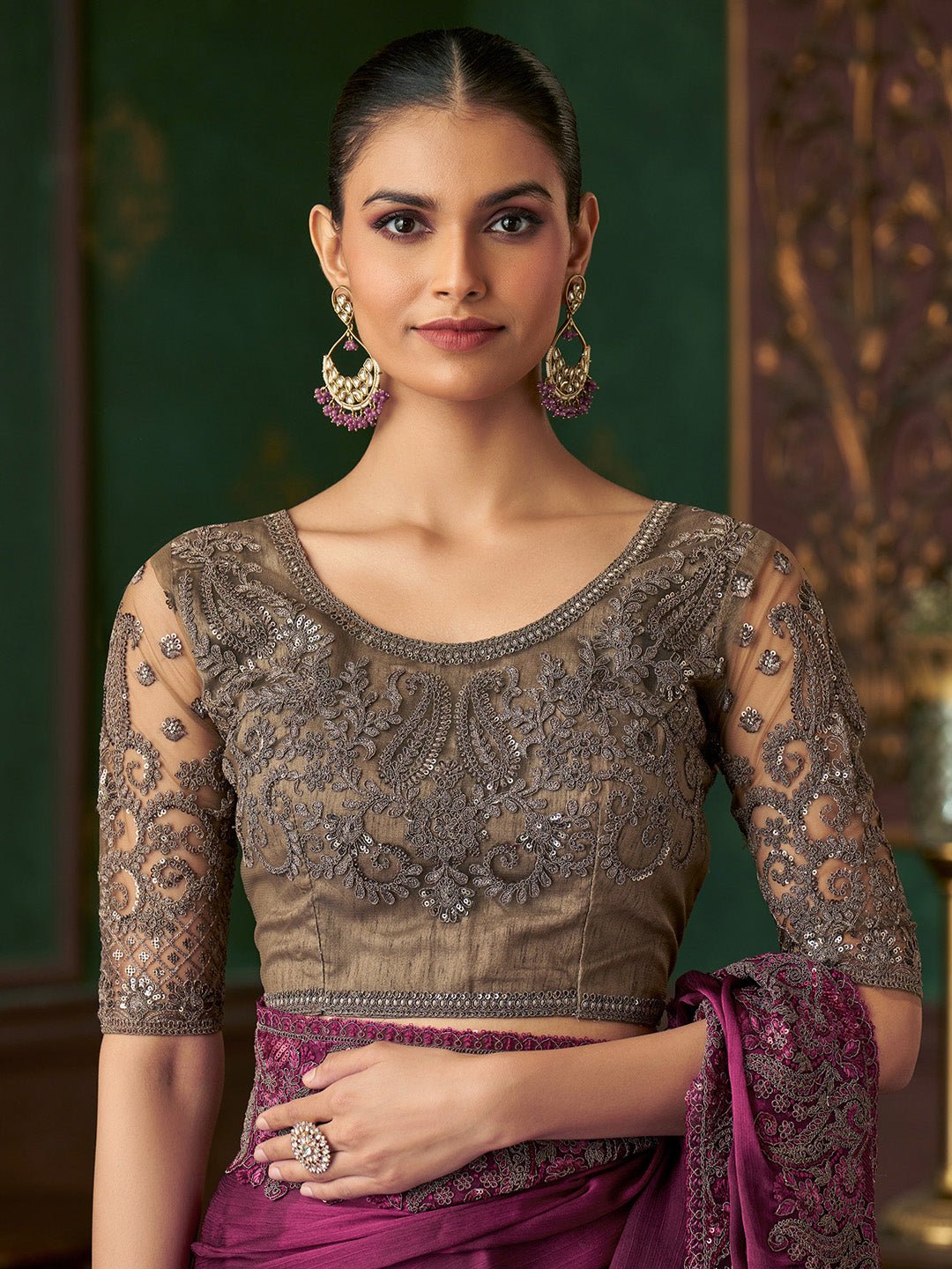 Wine Embellished Party wear Saree - Ressa