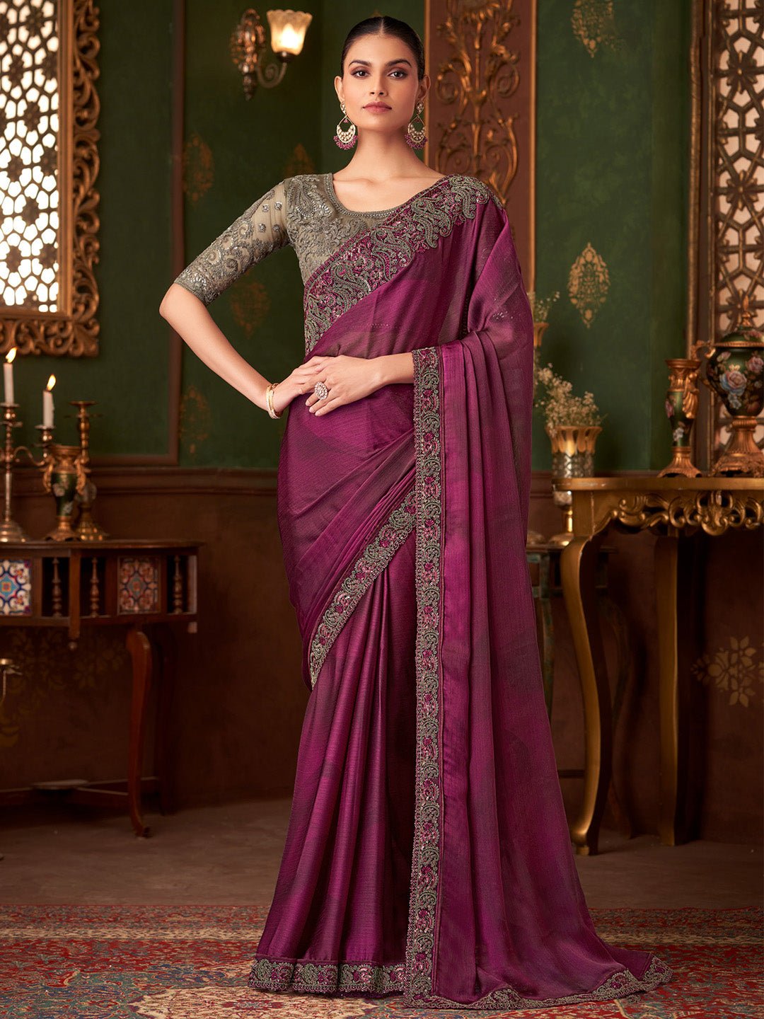 Wine Embellished Party wear Saree - Ressa