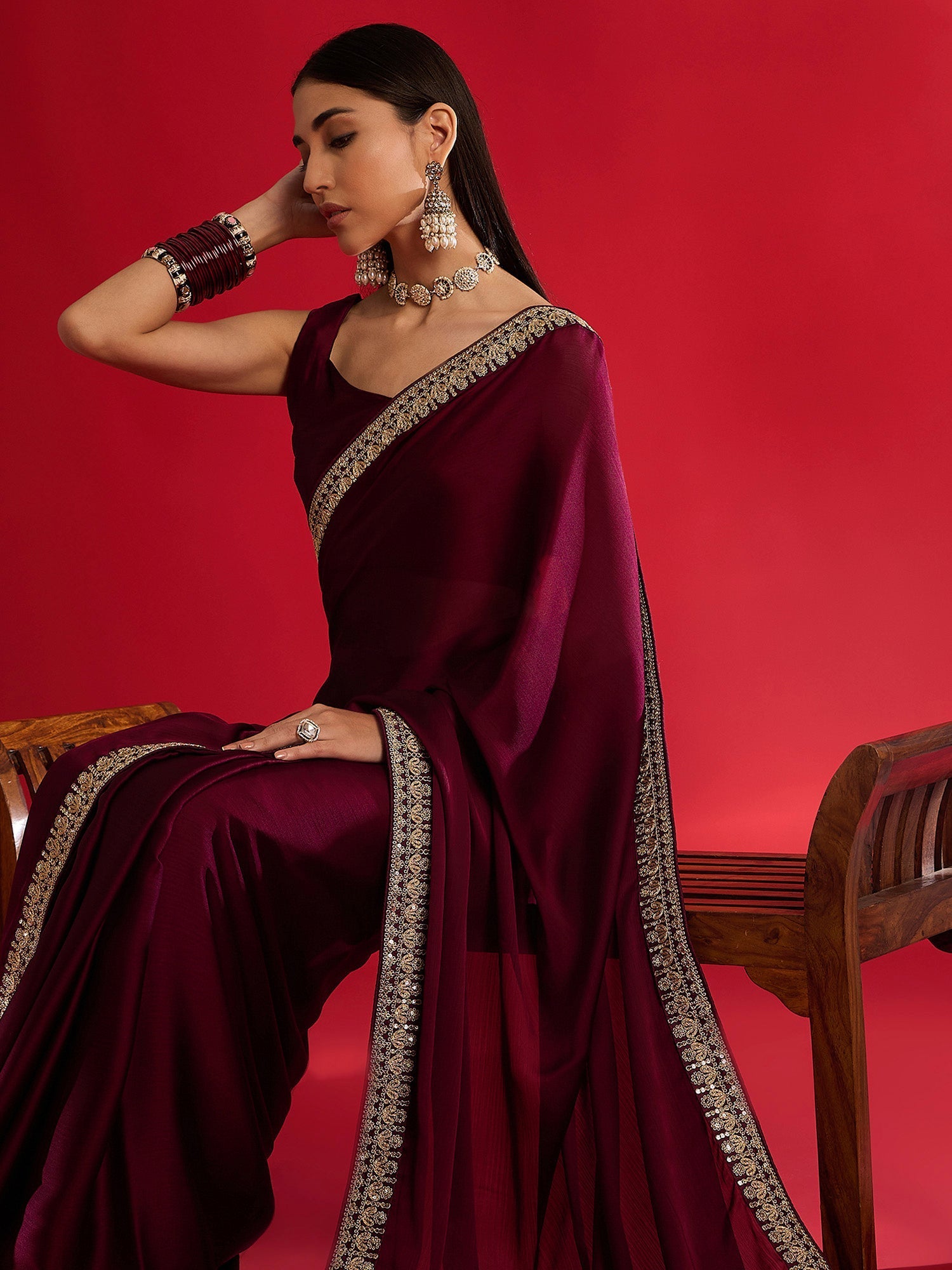 Wine Embroidered Satin Saree - Ressa