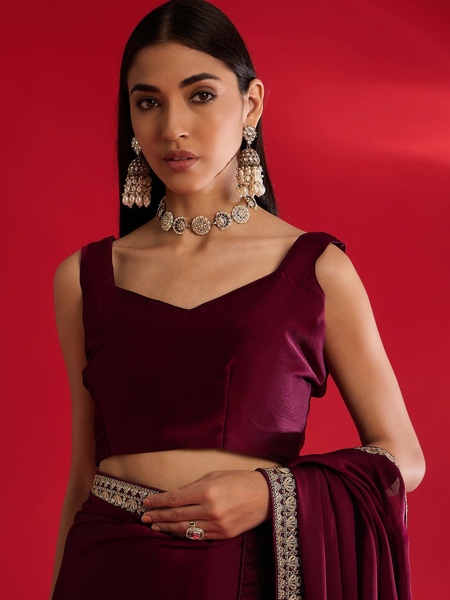 Wine Embroidered Satin Saree - Ressa