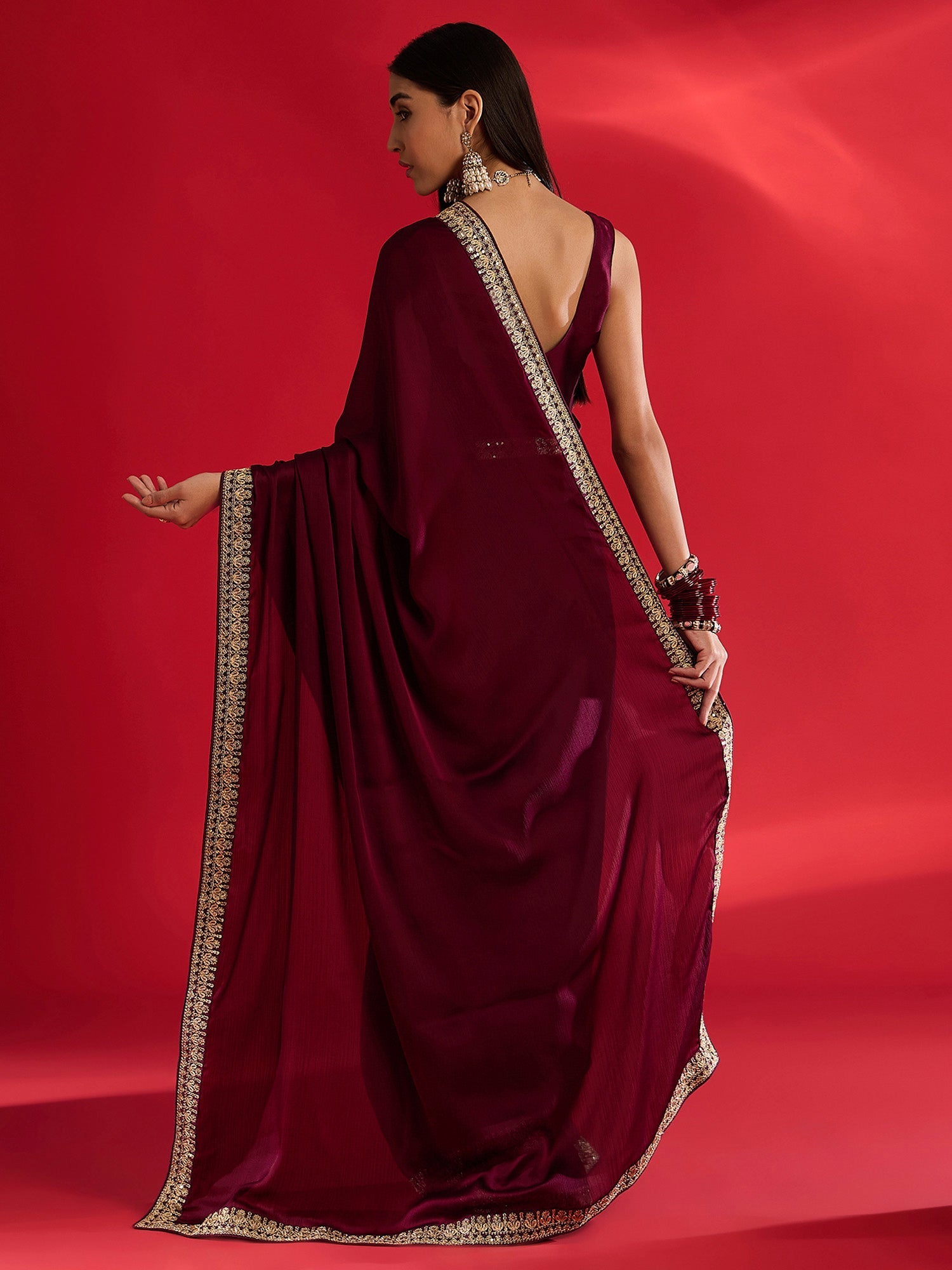 Wine Embroidered Satin Saree - Ressa