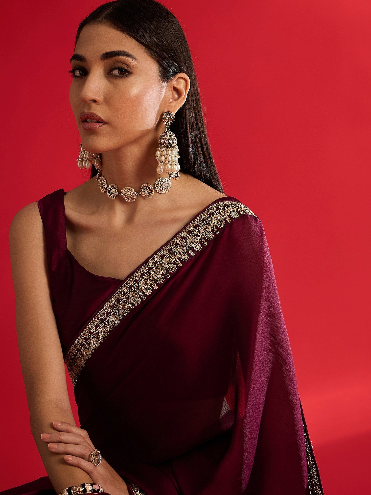 Wine Embroidered Satin Saree - Ressa