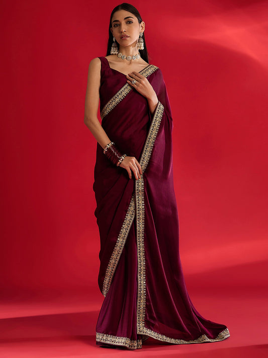 Wine Embroidered Satin Saree - Ressa
