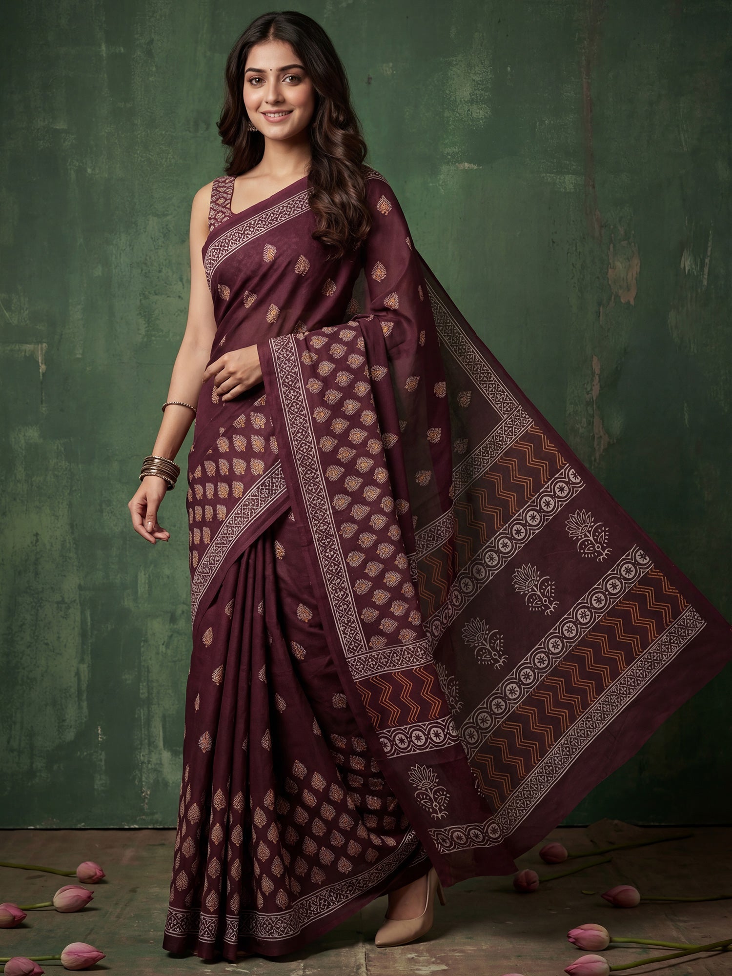 Wine Floral Buti Print Saree - Ressa