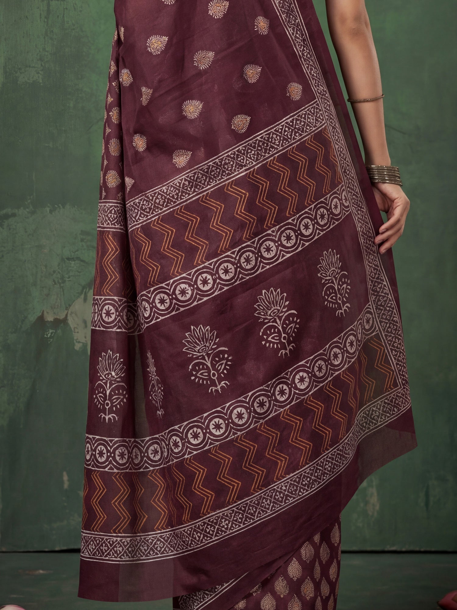 Wine Floral Buti Print Saree - Ressa