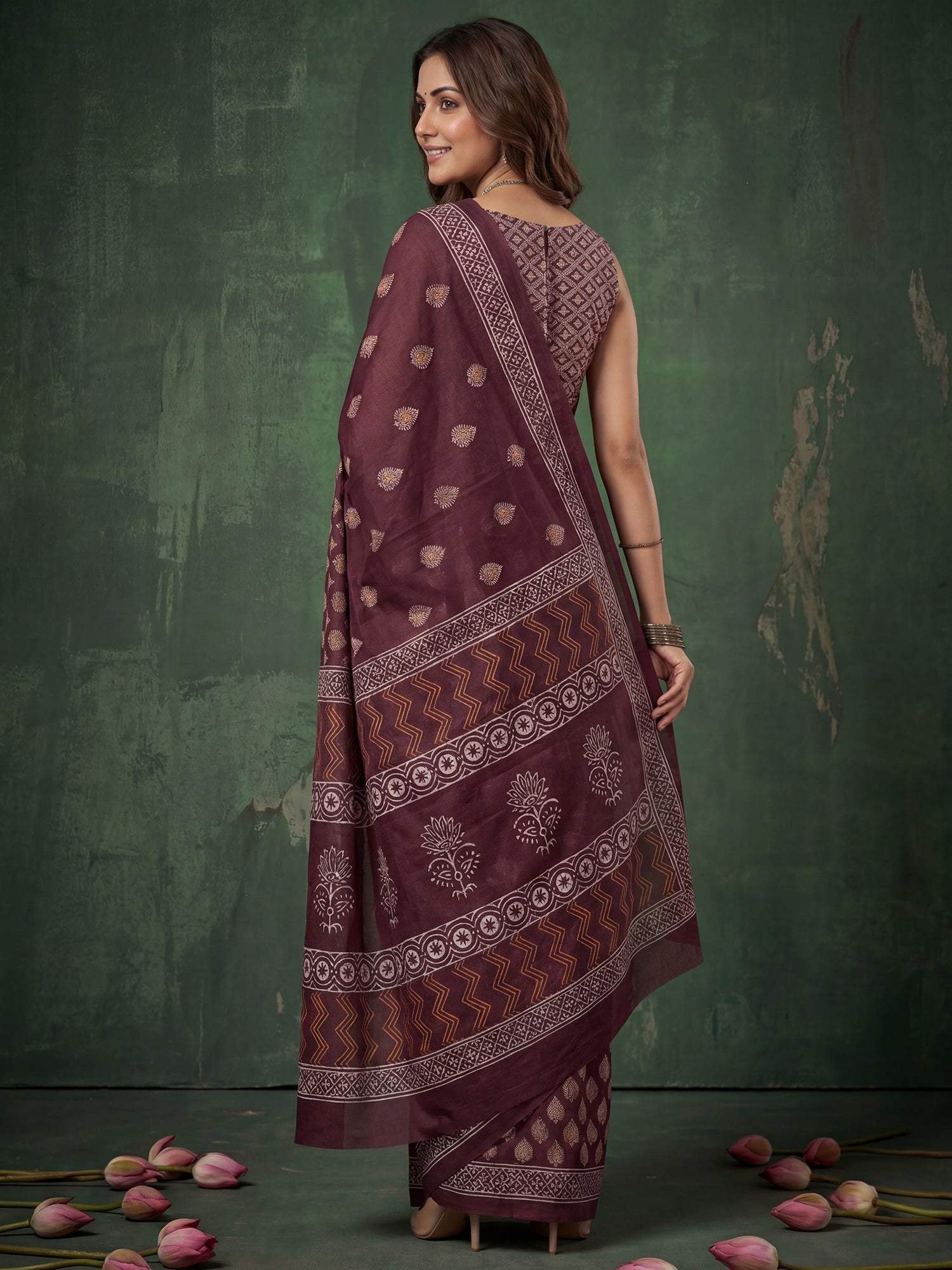 Wine Floral Buti Print Saree - Ressa