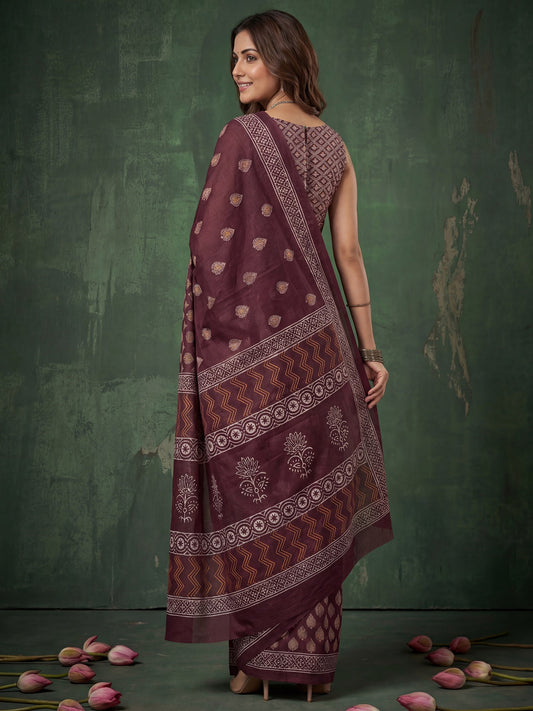 Wine Floral Buti Print Saree - Ressa