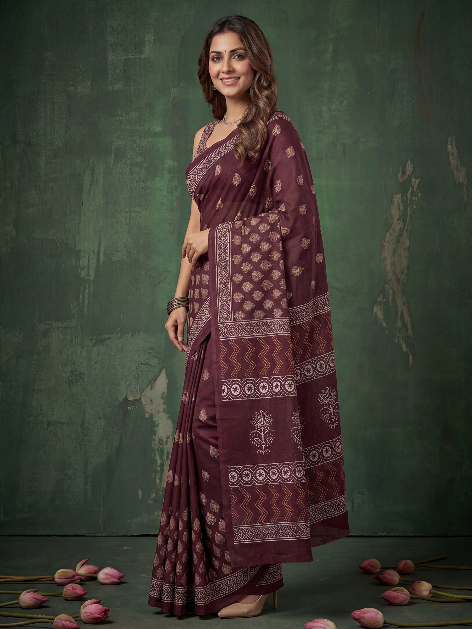 Wine Floral Buti Print Saree - Ressa