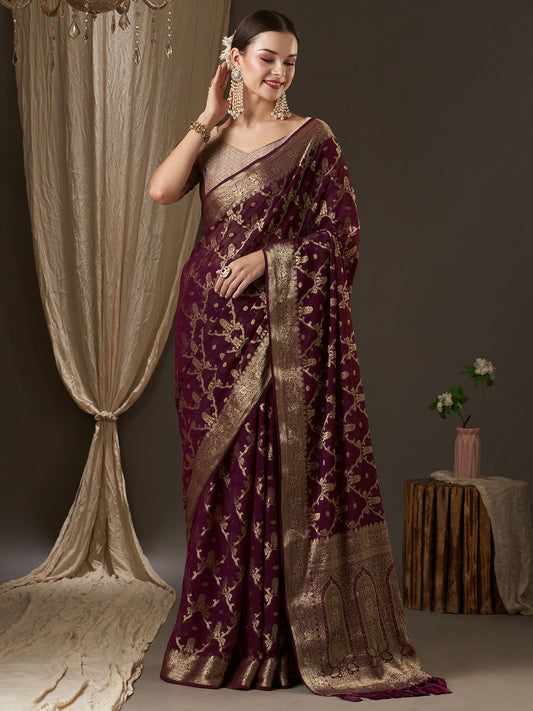 Wine Floral Georgette Saree with Jari Border - Ressa