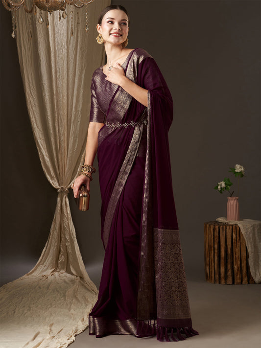 Wine Floral Georgette Saree with Jari Border - Ressa