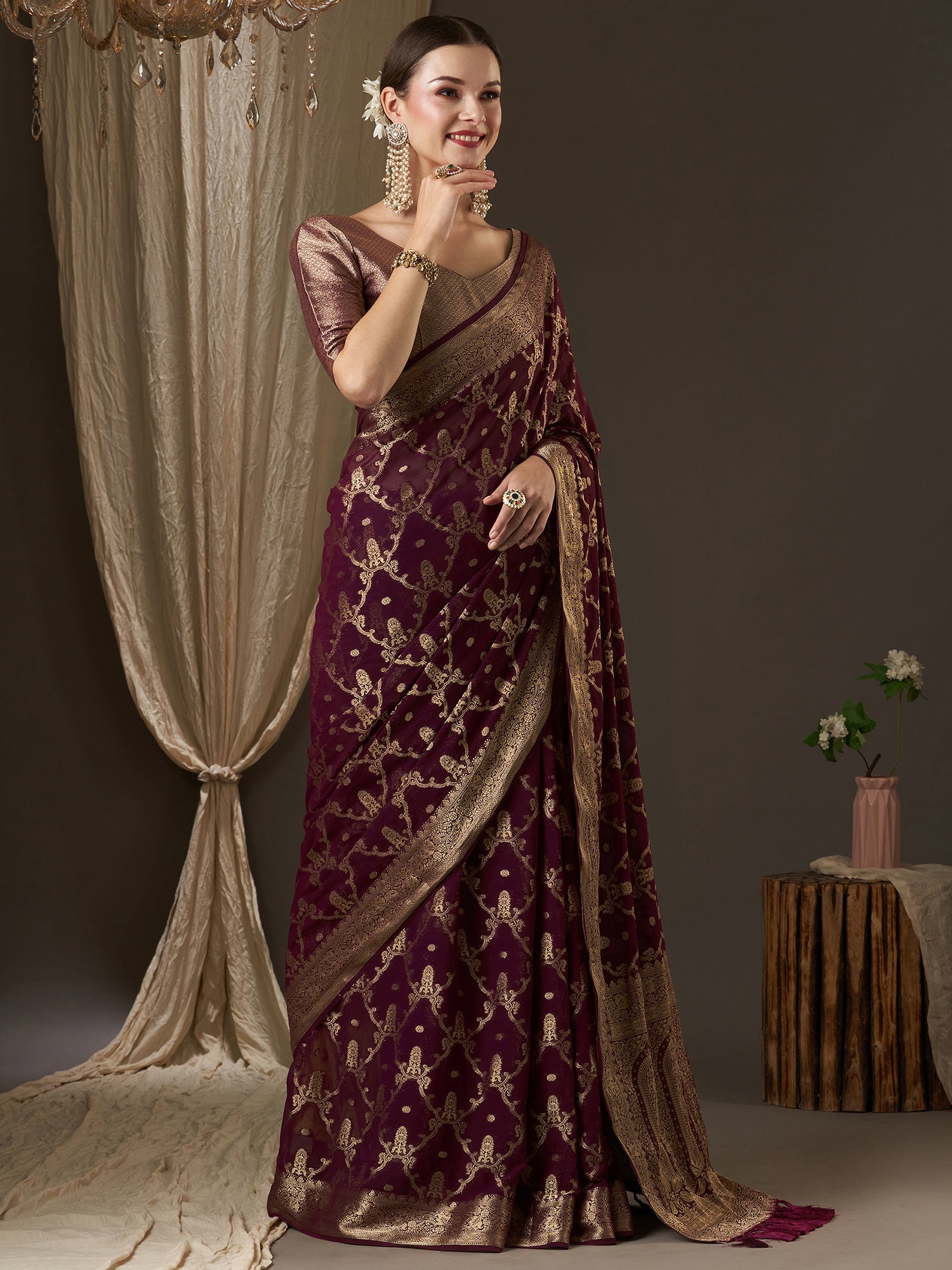 Wine Floral Georgette Saree with Jari Border - Ressa