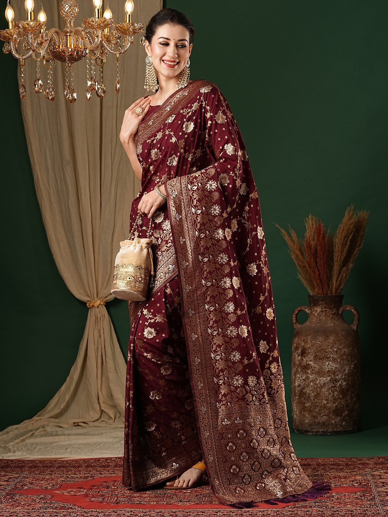 Wine Floral Georgette Saree with Jari Border - Ressa