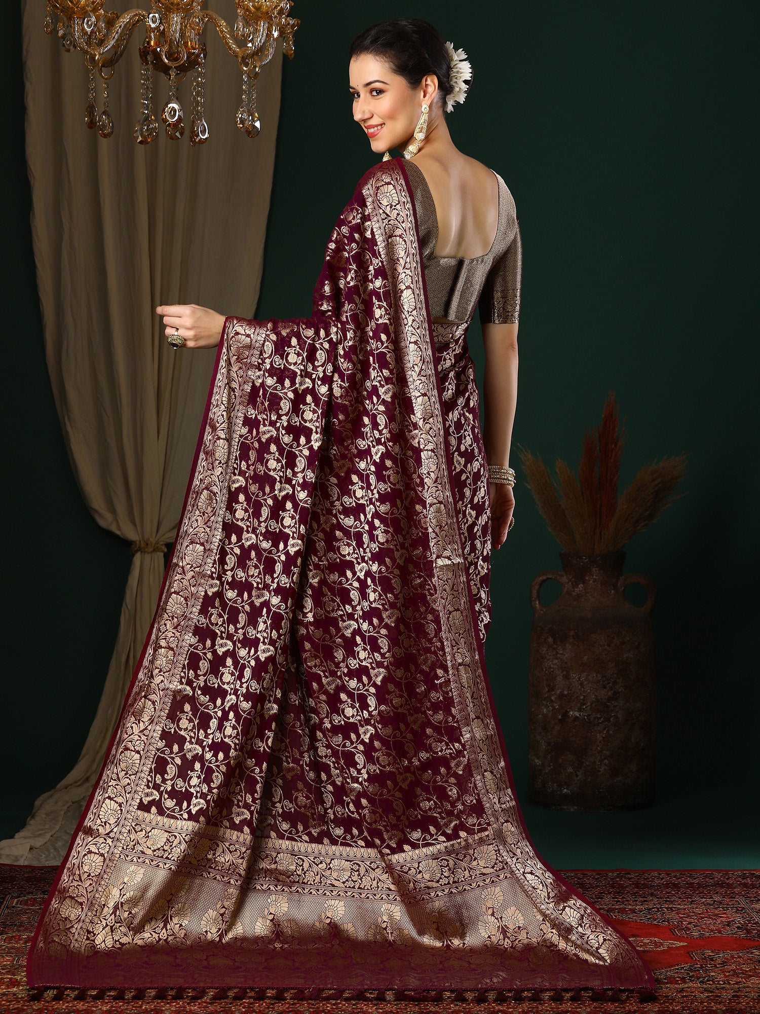 Wine Floral Georgette Saree with Jari Border - Ressa