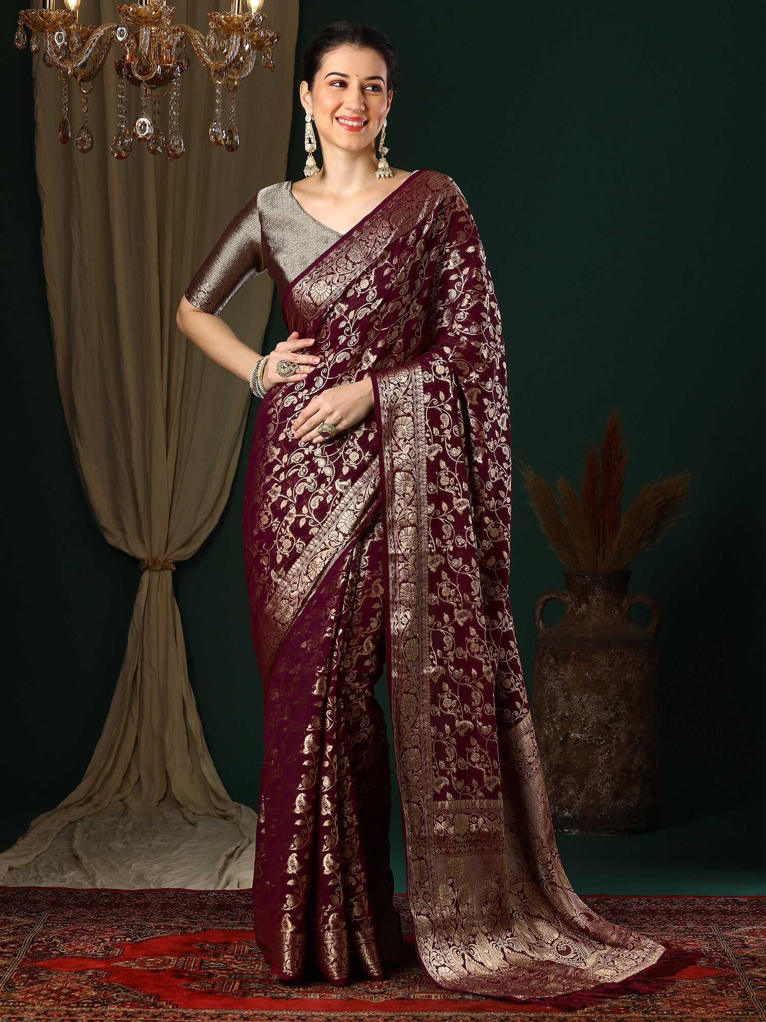 Wine Floral Georgette Saree with Jari Border - Ressa