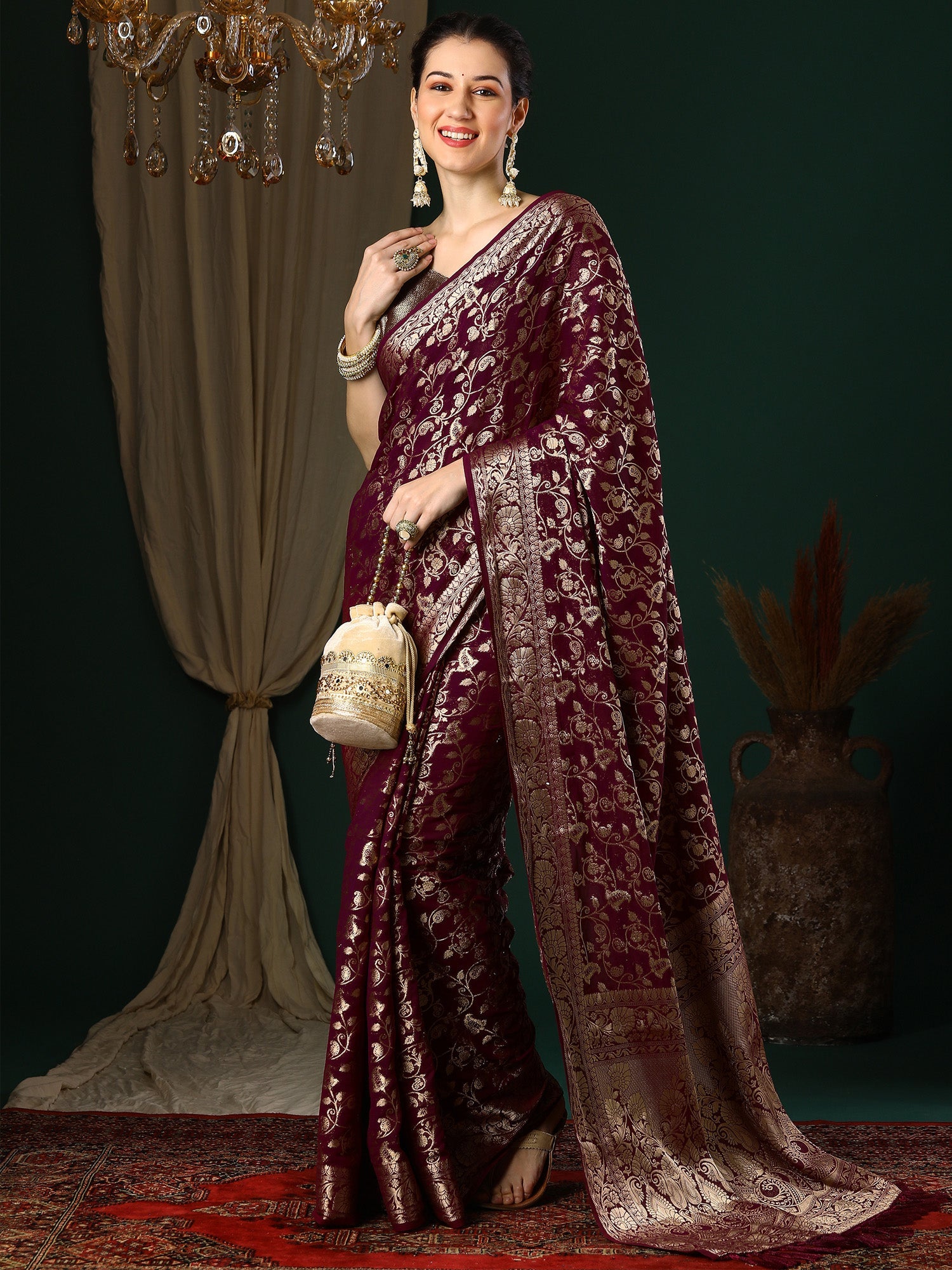 Wine Floral Georgette Saree with Jari Border - Ressa