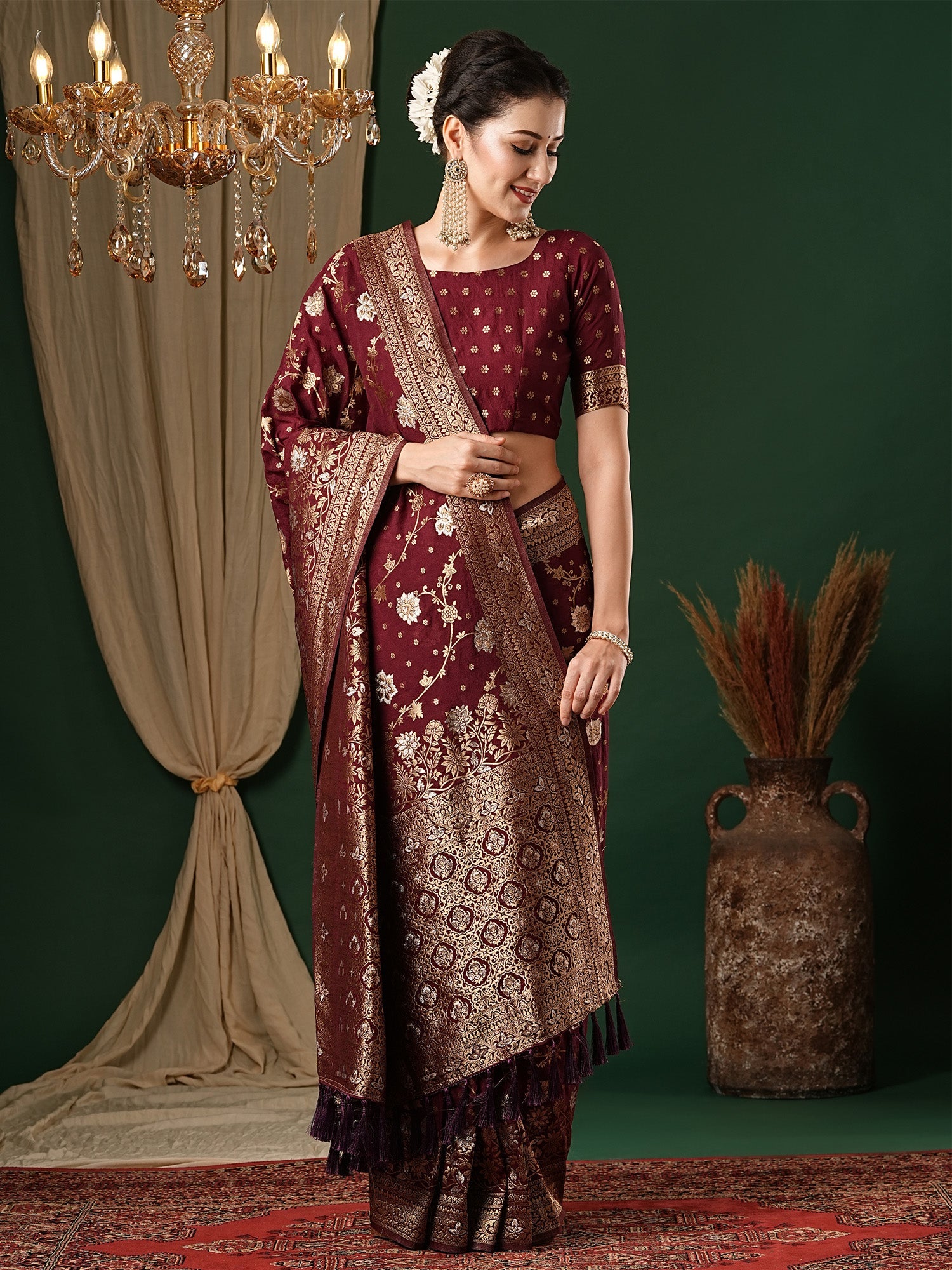 Wine Floral Georgette Saree with Jari Border - Ressa