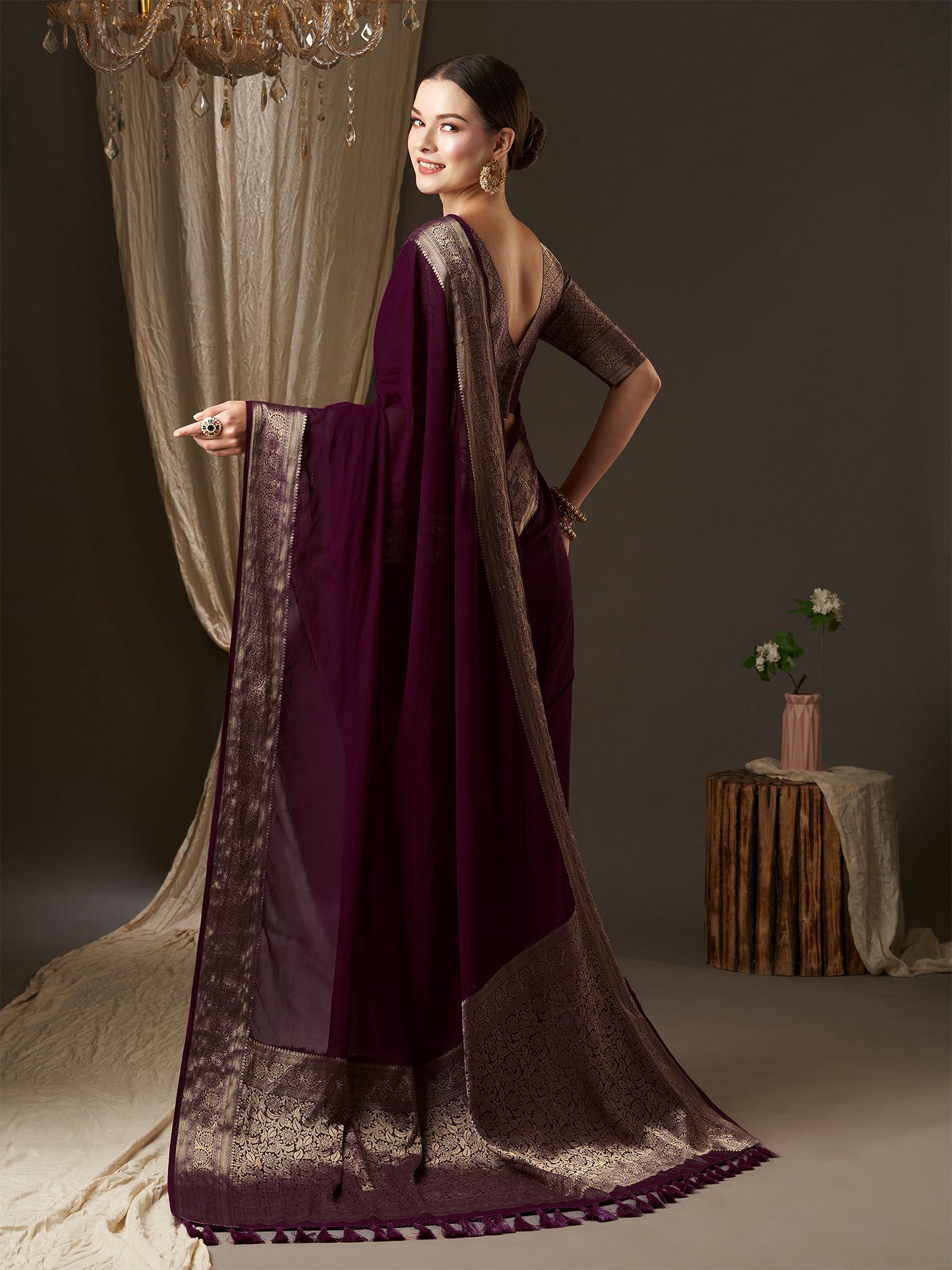 Wine Floral Georgette Saree with Jari Border - Ressa
