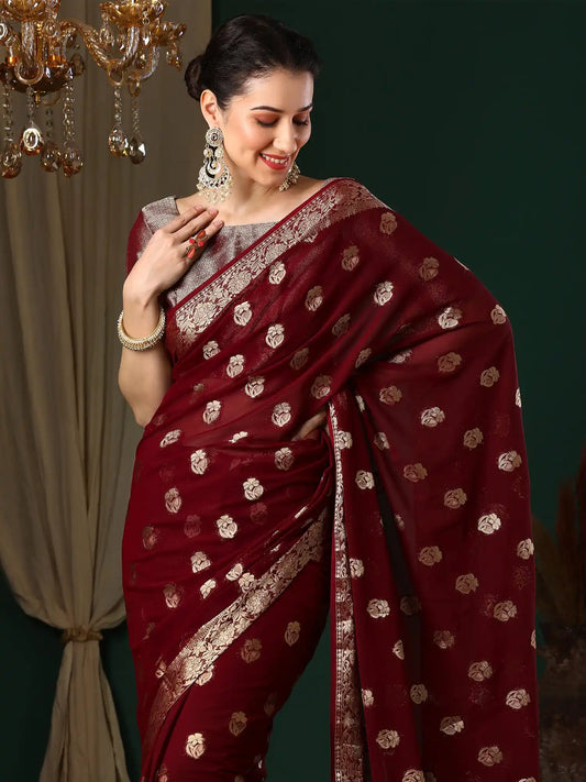 WIne Floral Georgette Saree