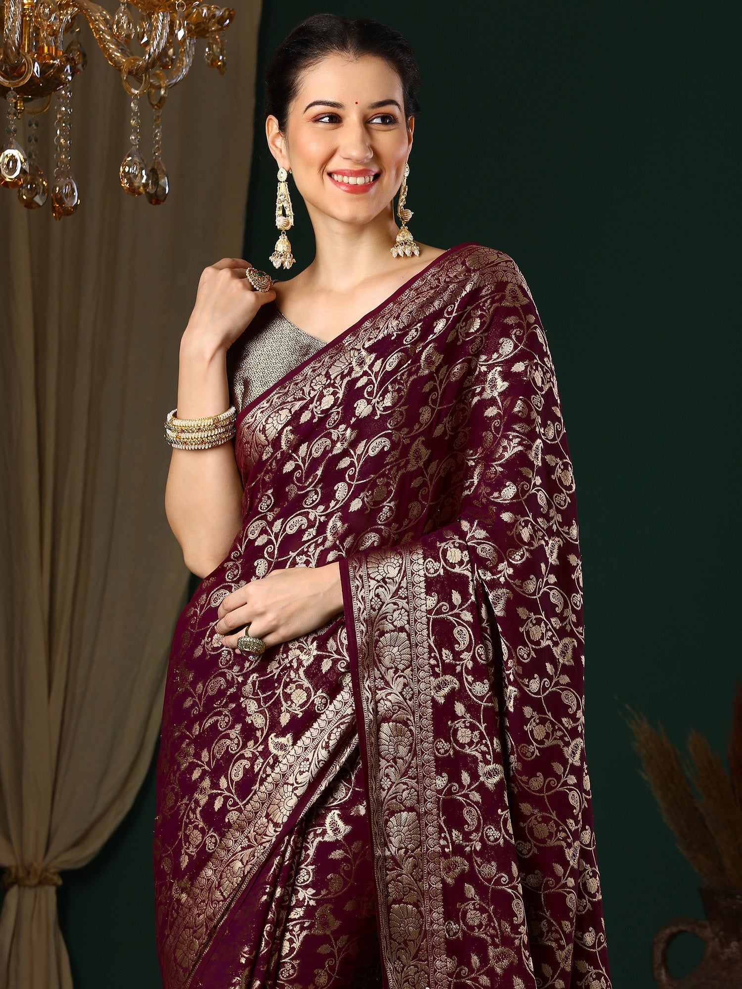 Wine Floral Georgette Saree with Jari Border - Ressa