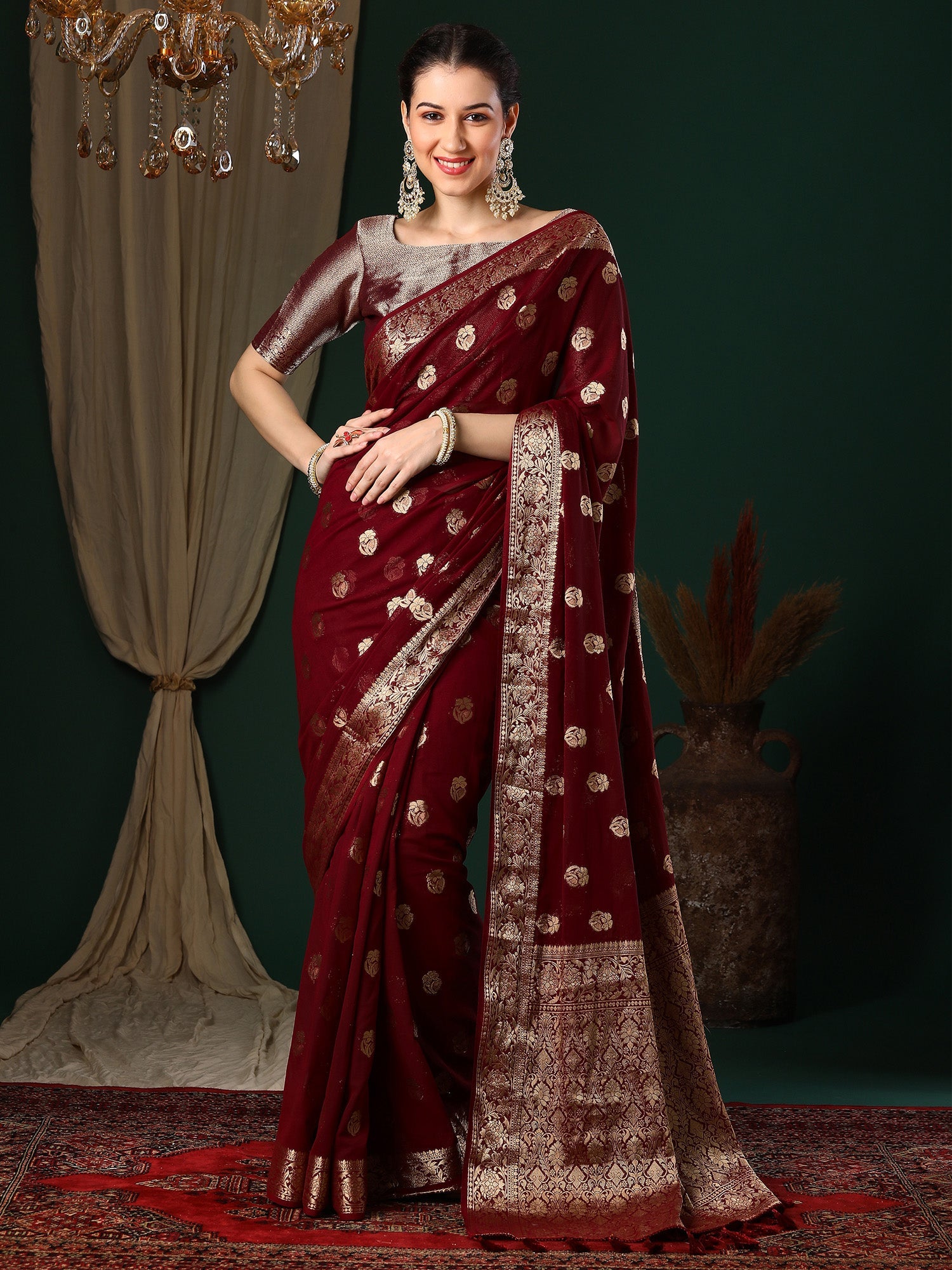 WIne Floral Georgette Saree with Jari Border - Ressa