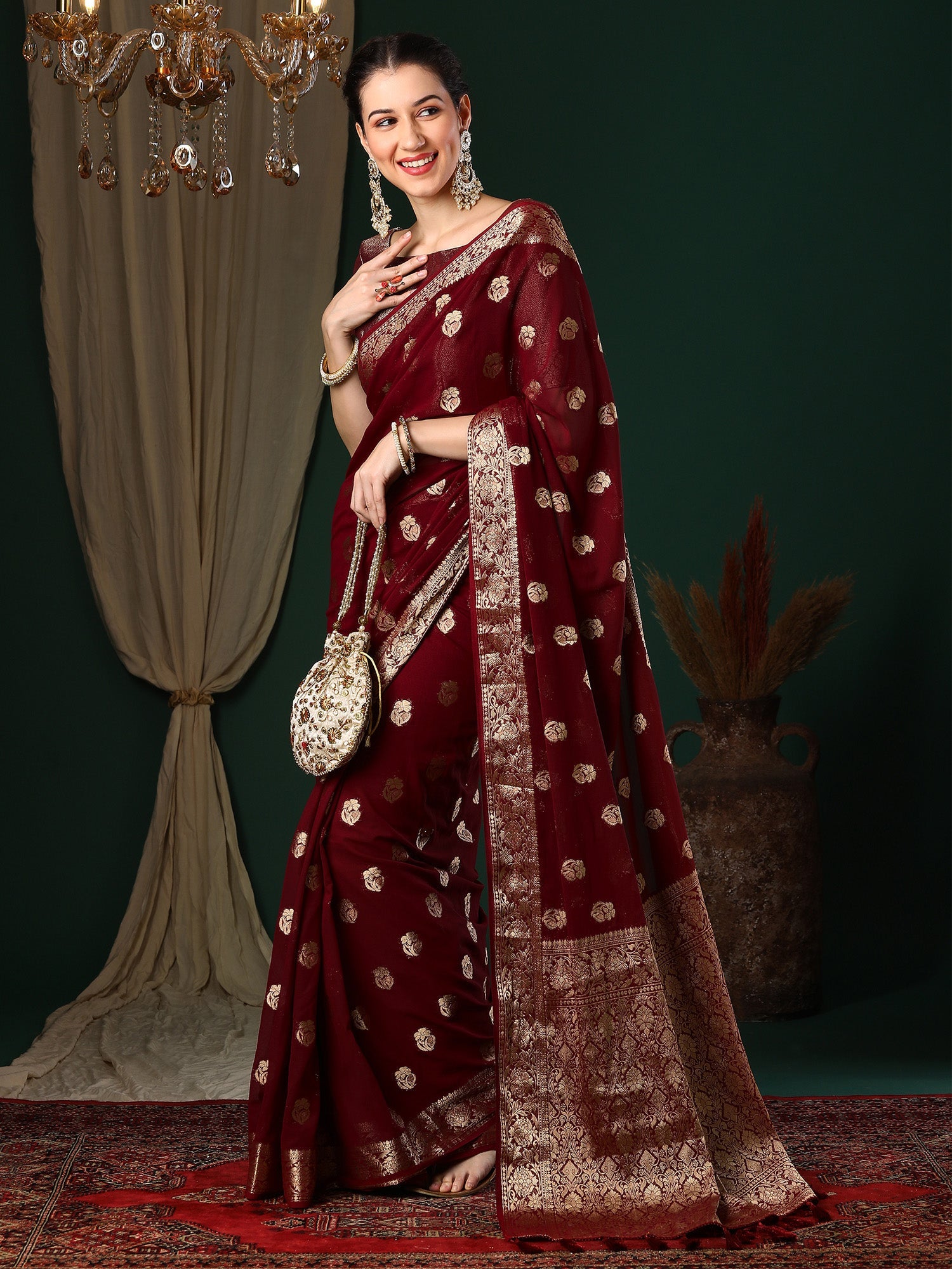 WIne Floral Georgette Saree with Jari Border - Ressa