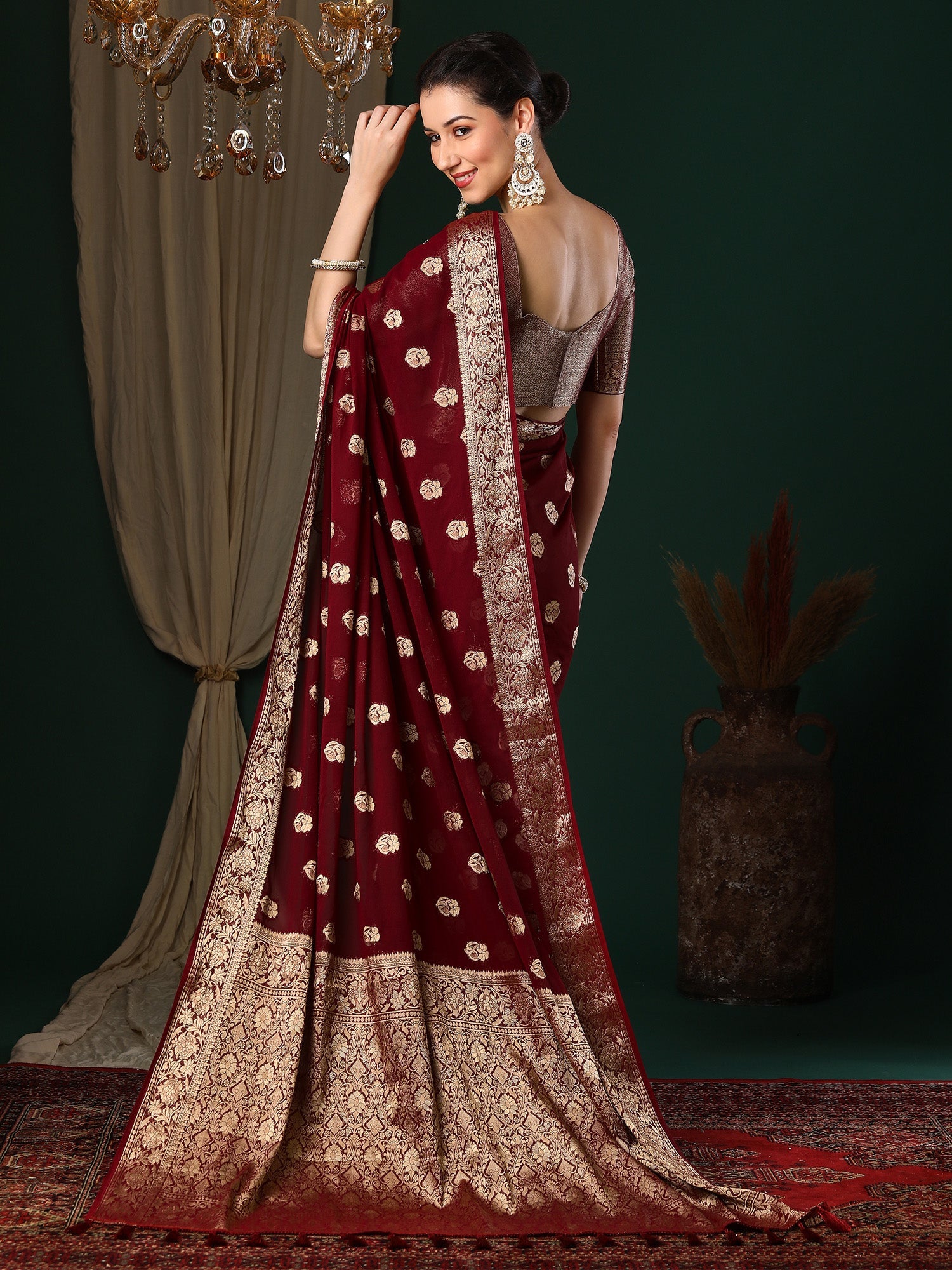 WIne Floral Georgette Saree with Jari Border - Ressa