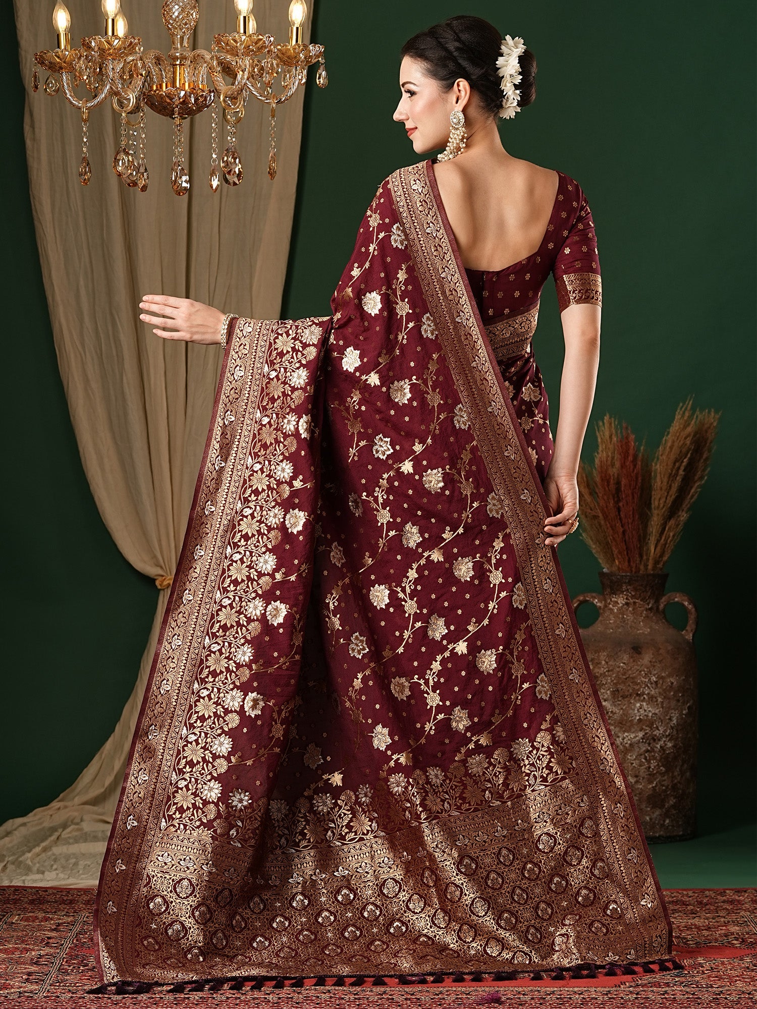 Wine Floral Georgette Saree with Jari Border - Ressa