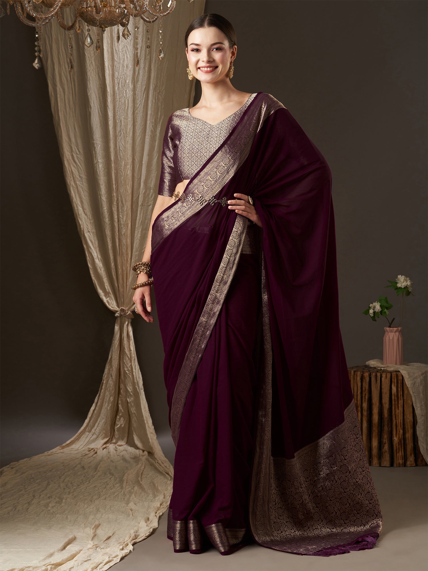 Wine Floral Georgette Saree with Jari Border - Ressa